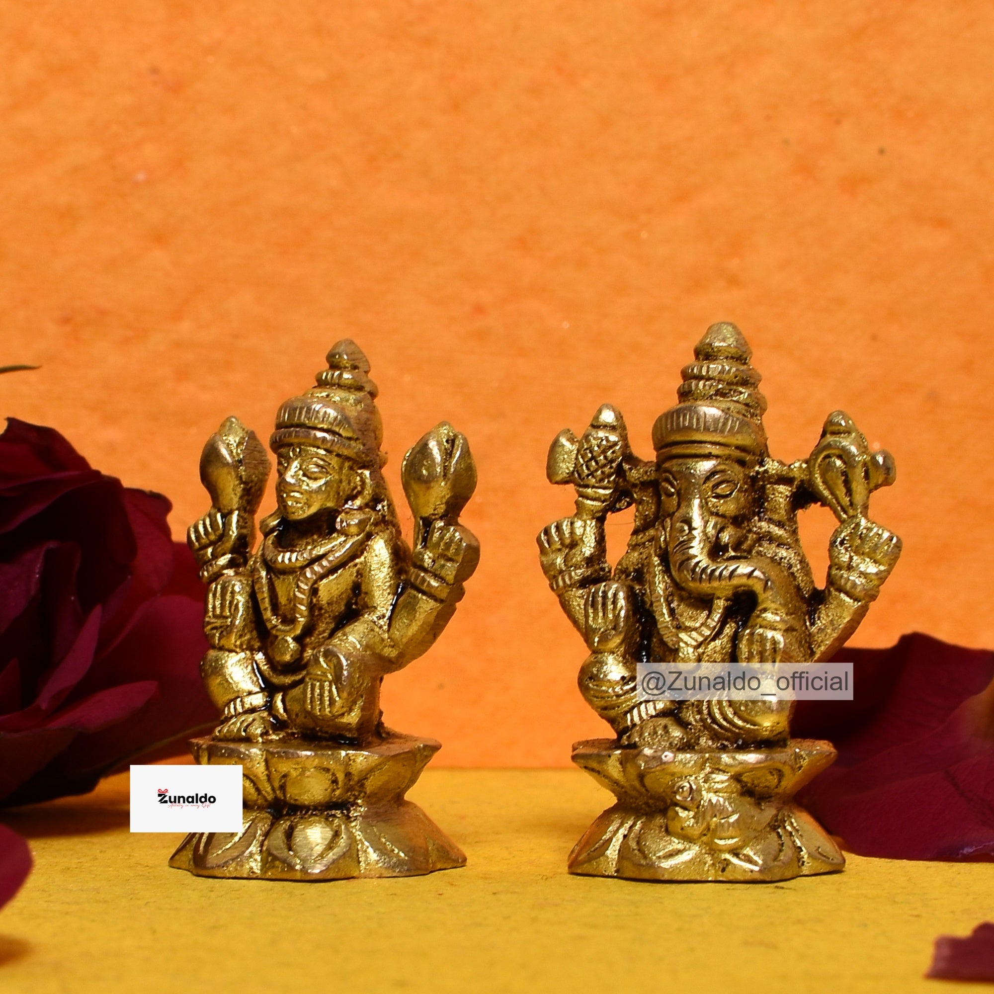 Brass Laxmi Ganesh on Flower in Gift Box - 1.5 Inch