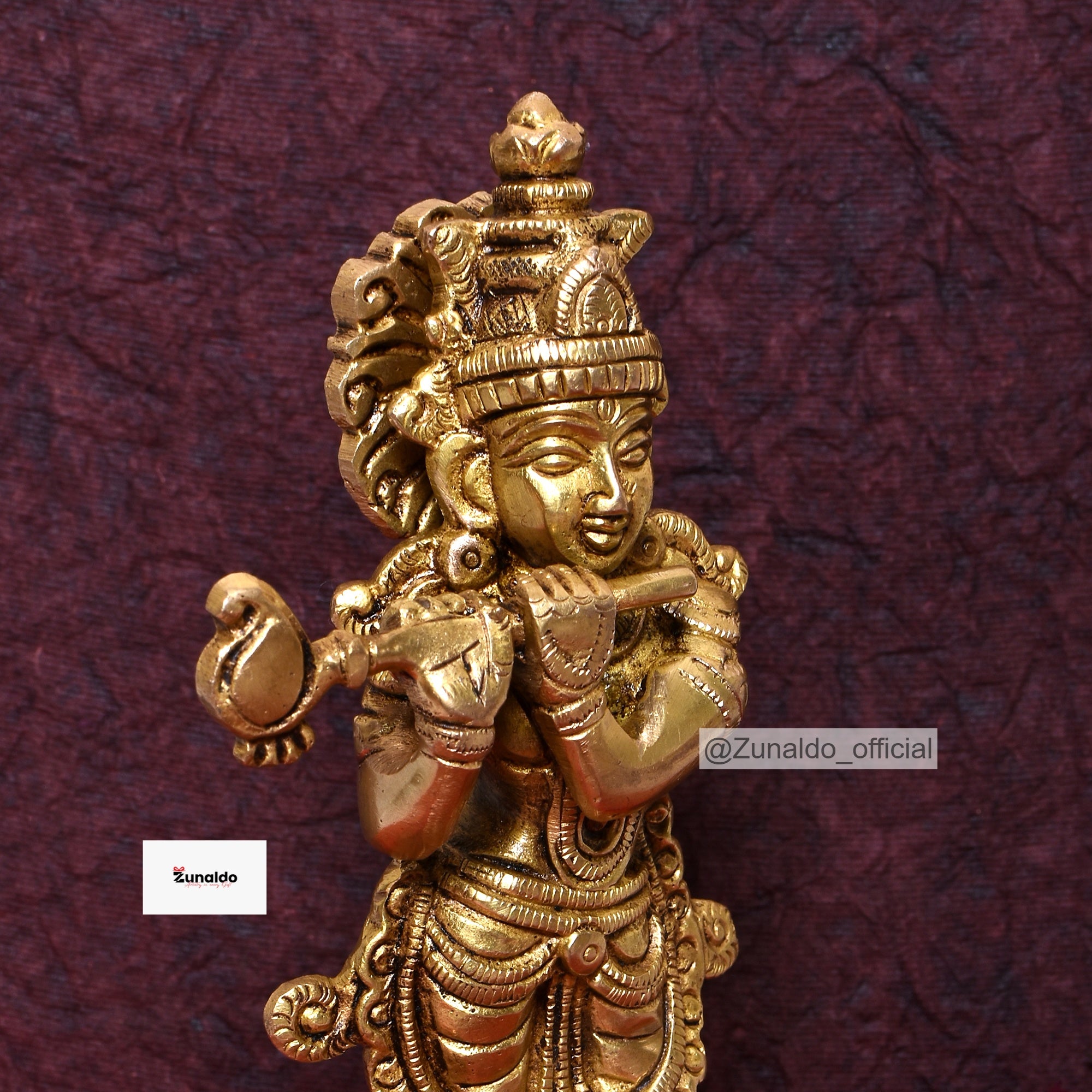 Brass Krishna Standing on Lotus Base with Peacock - 7 Inch