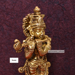 Brass Krishna Standing on Lotus Base with Peacock - 7 Inch