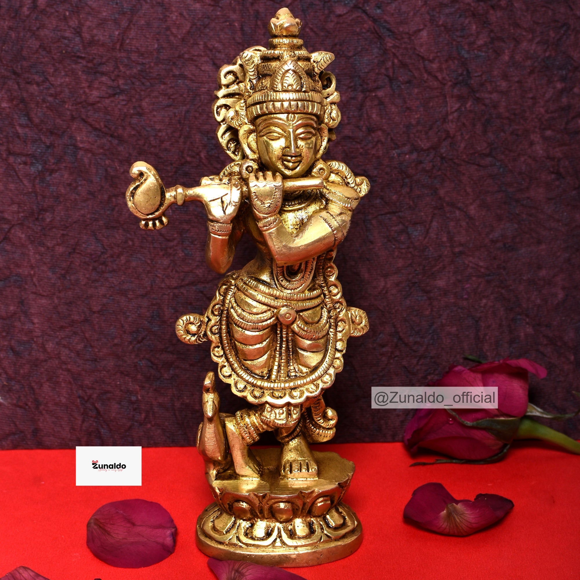 Brass Krishna Standing on Lotus Base with Peacock - 7 Inch