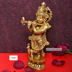 Brass Krishna Standing on Lotus Base with Peacock - 7 Inch