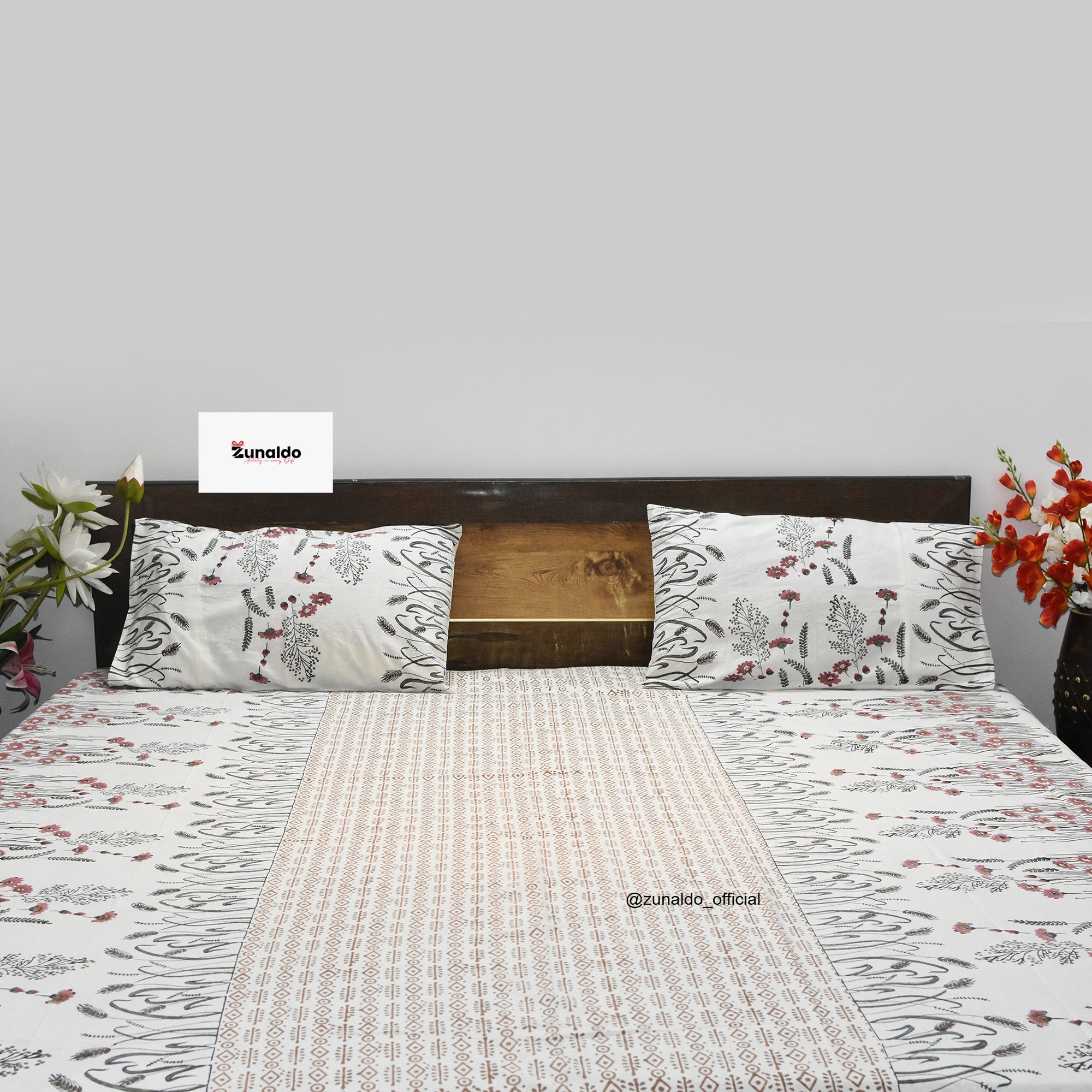 Zunaldo Pure Cotton Handblock Printed King Size Bedsheet – Floral Harmony with Pillow Covers
