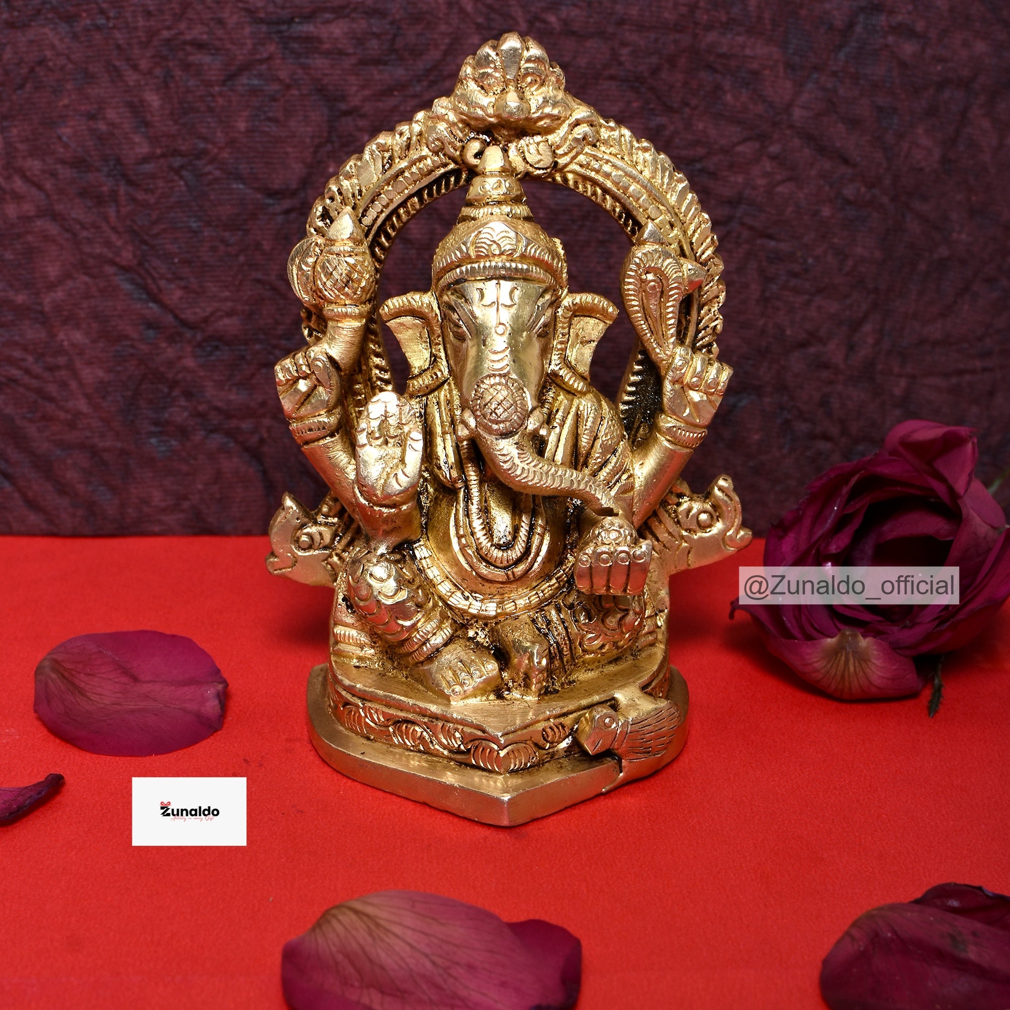 Brass Ganesh Sitting on Dragon Ring - Fine Detailing (4.5 Inch)