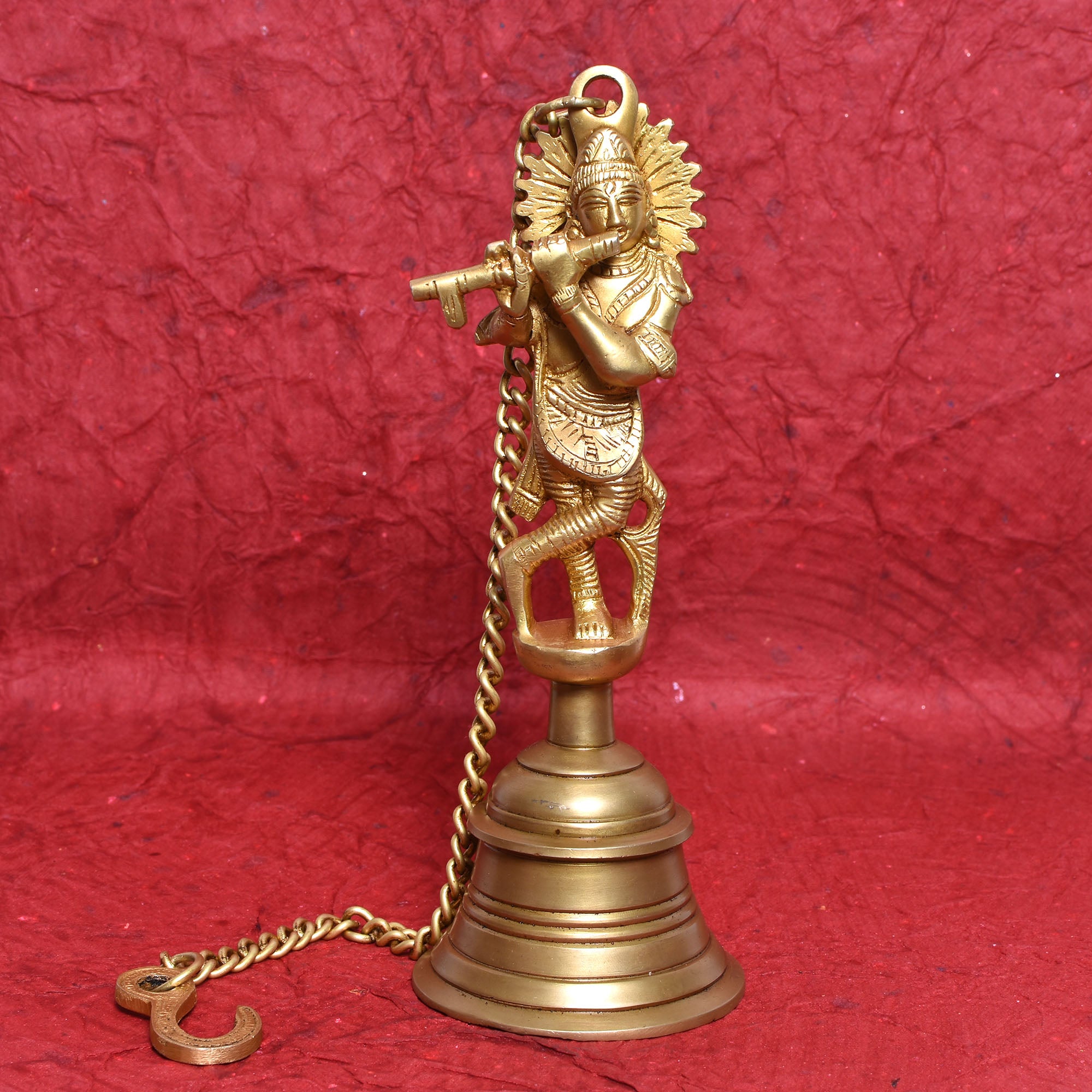 Divine Brass Krishna Bell – Flute-Playing Deity Sculpture for Temple & Home 9.5 (inch)