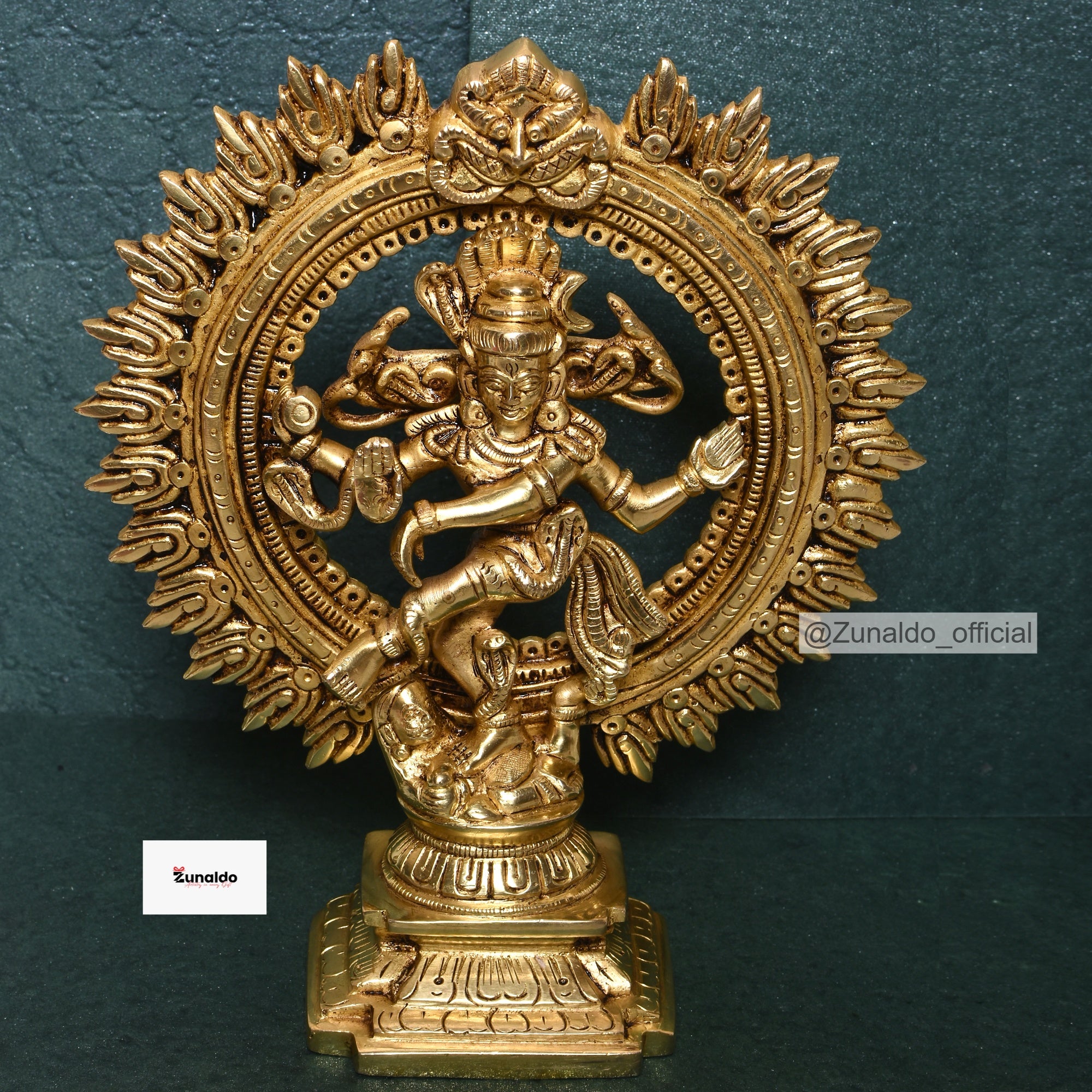 Brass Natraj Dancing on Designer Base with Yelly Ring - Fine Detailing (9 Inch)