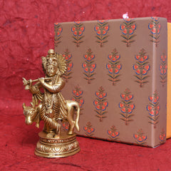 Brass Lord Krishna with Cow – Divine Flute Playing Statue10(inch)