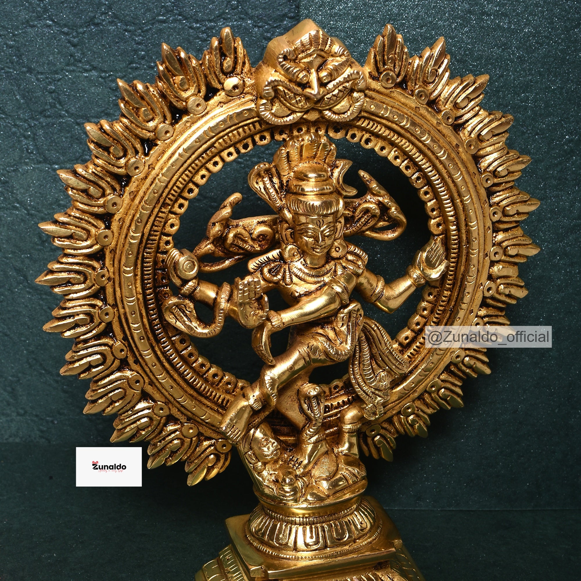 Brass Natraj Dancing on Designer Base with Yelly Ring - Fine Detailing (9 Inch)