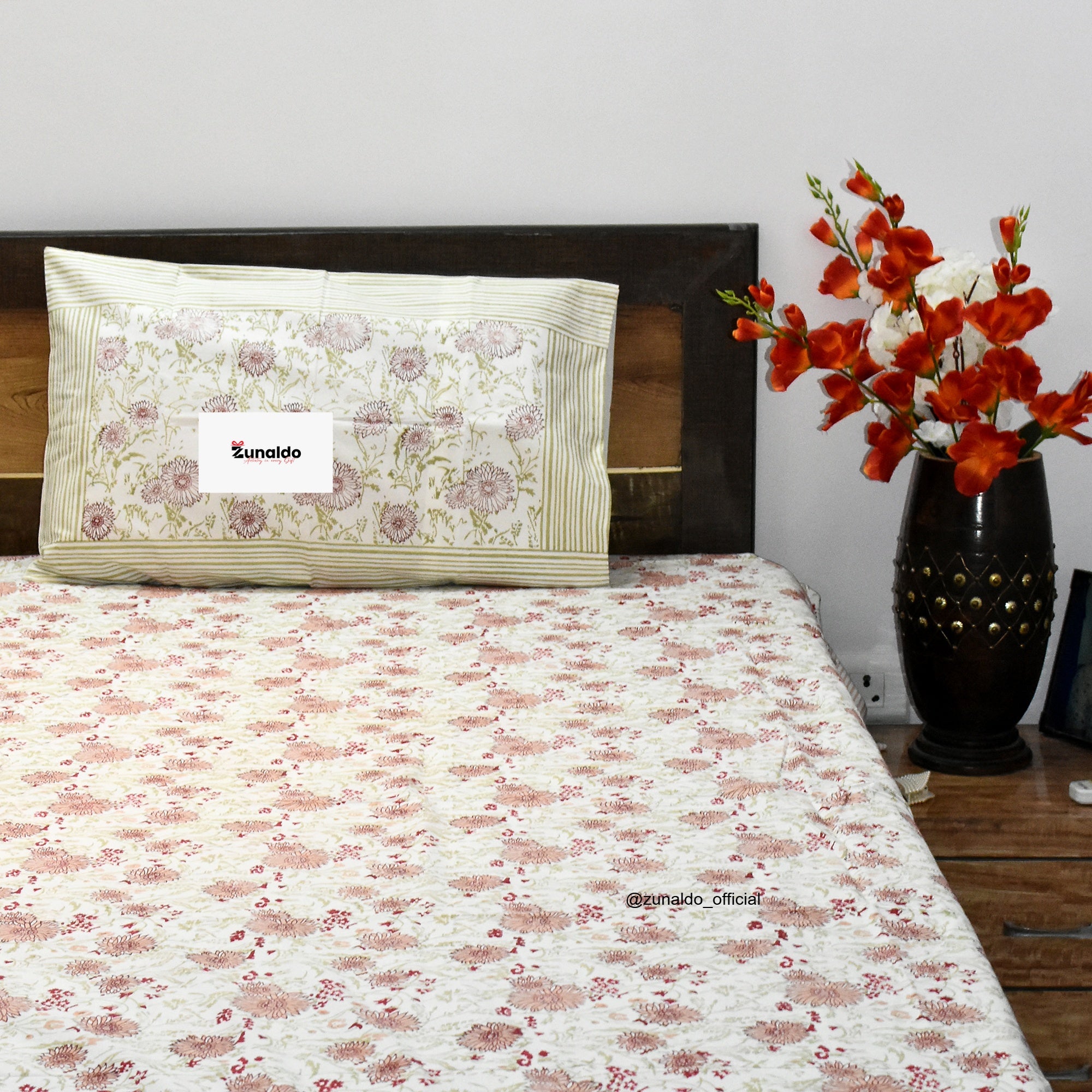 Pure Cotton Hand Block Print Bedsheet Set – Pink Floral Motif | King Size