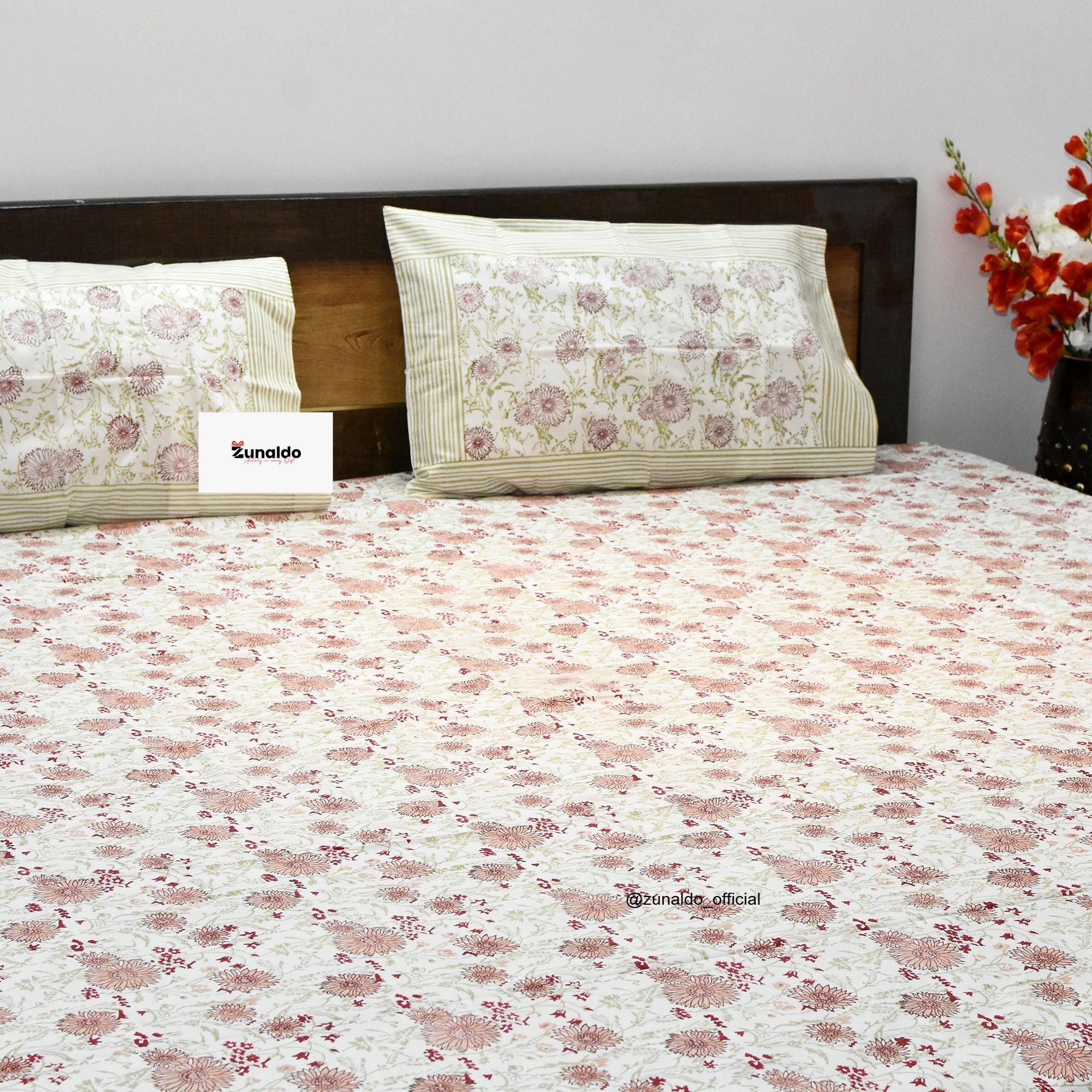 Pure Cotton Hand Block Print Bedsheet Set – Pink Floral Motif | King Size