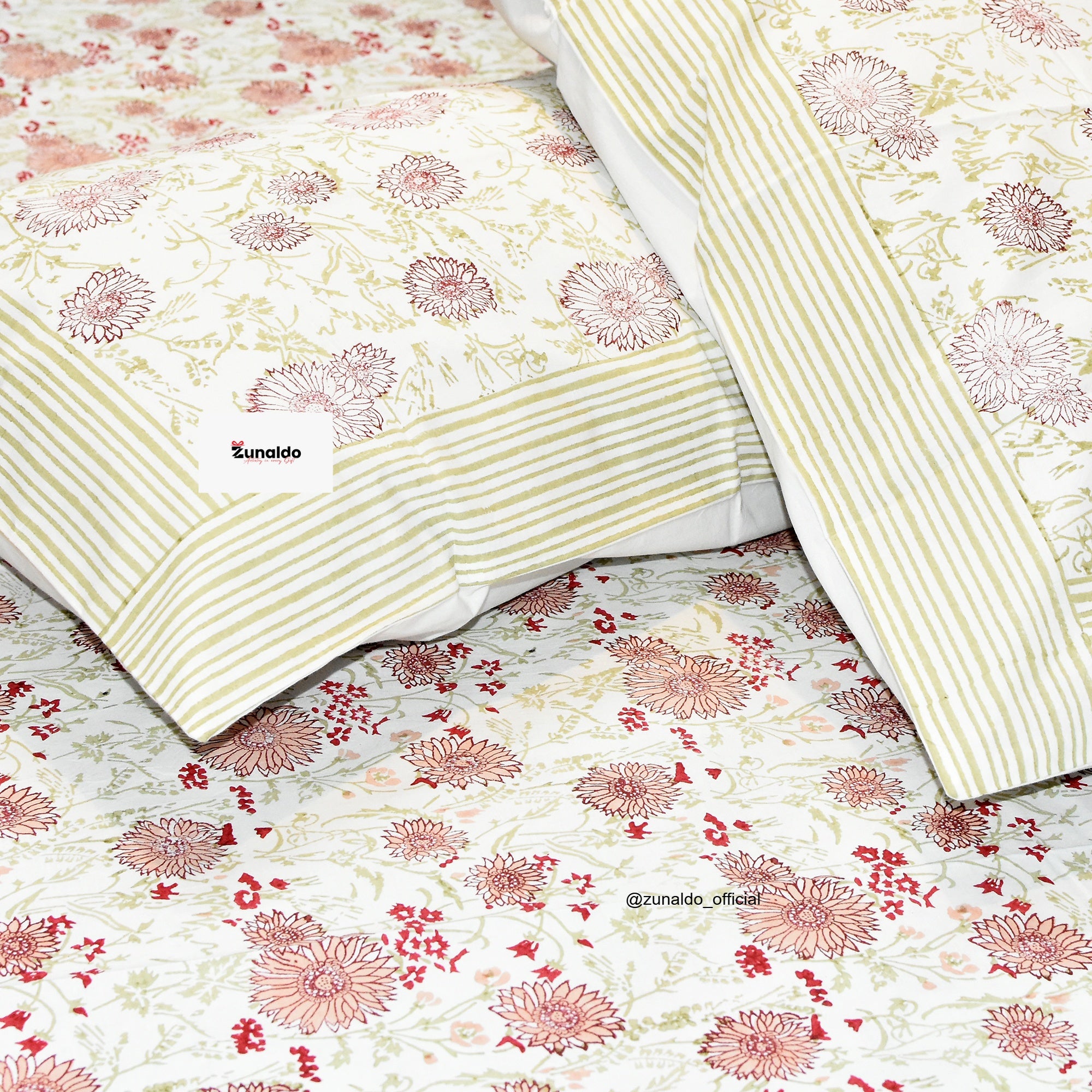 Pure Cotton Hand Block Print Bedsheet Set – Pink Floral Motif | King Size