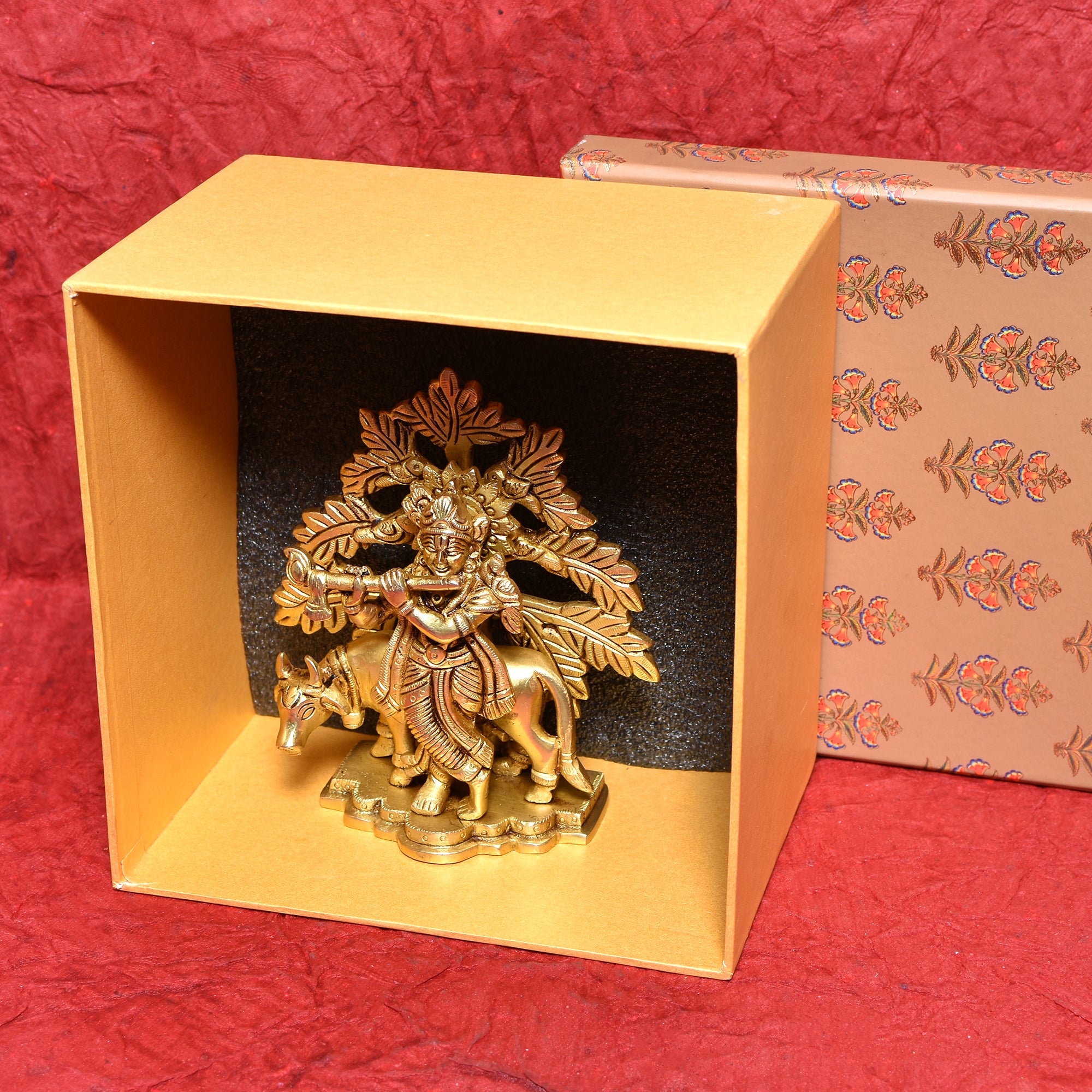 Brass Krishna Idol with Cow Under Tree _ 6 Inch