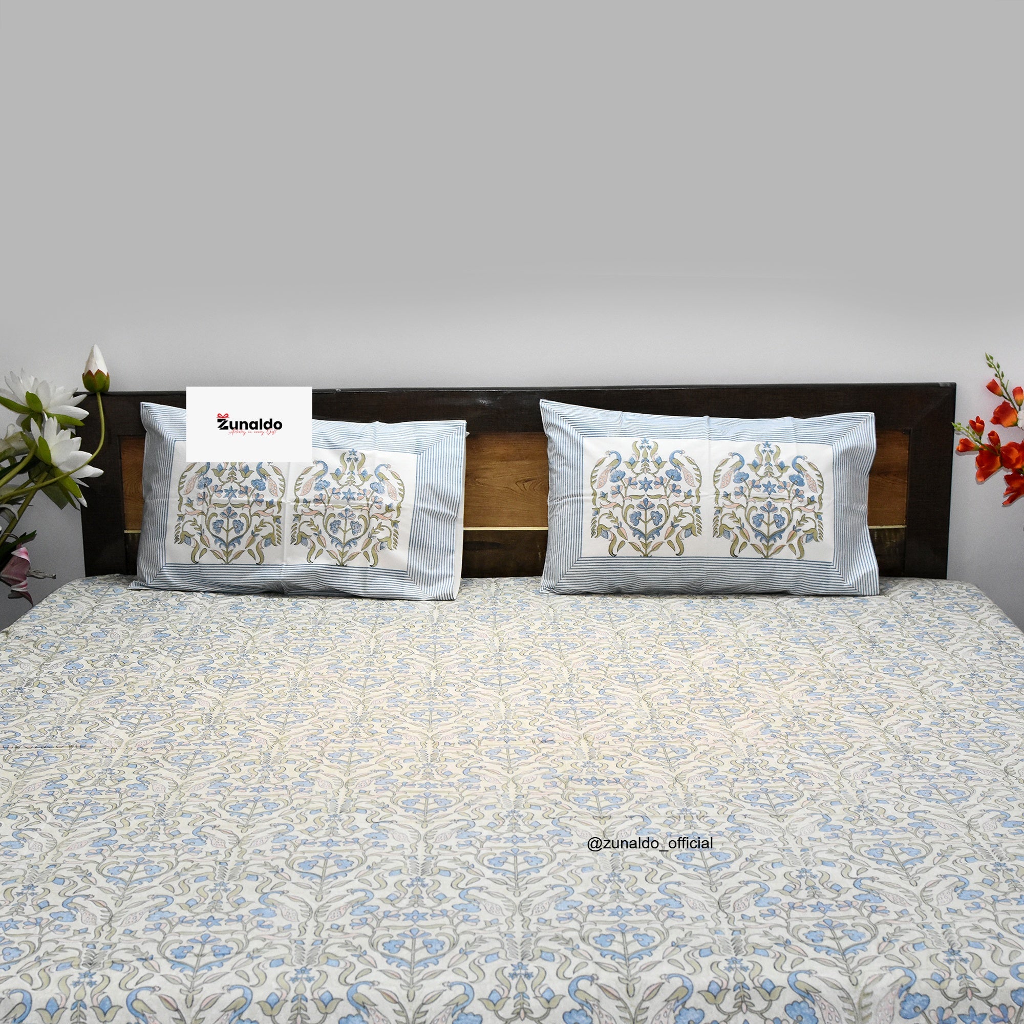 Peacock Block Print Cotton Bedsheet Set – King Size (90x108 Inch) with 2 Pillow Covers