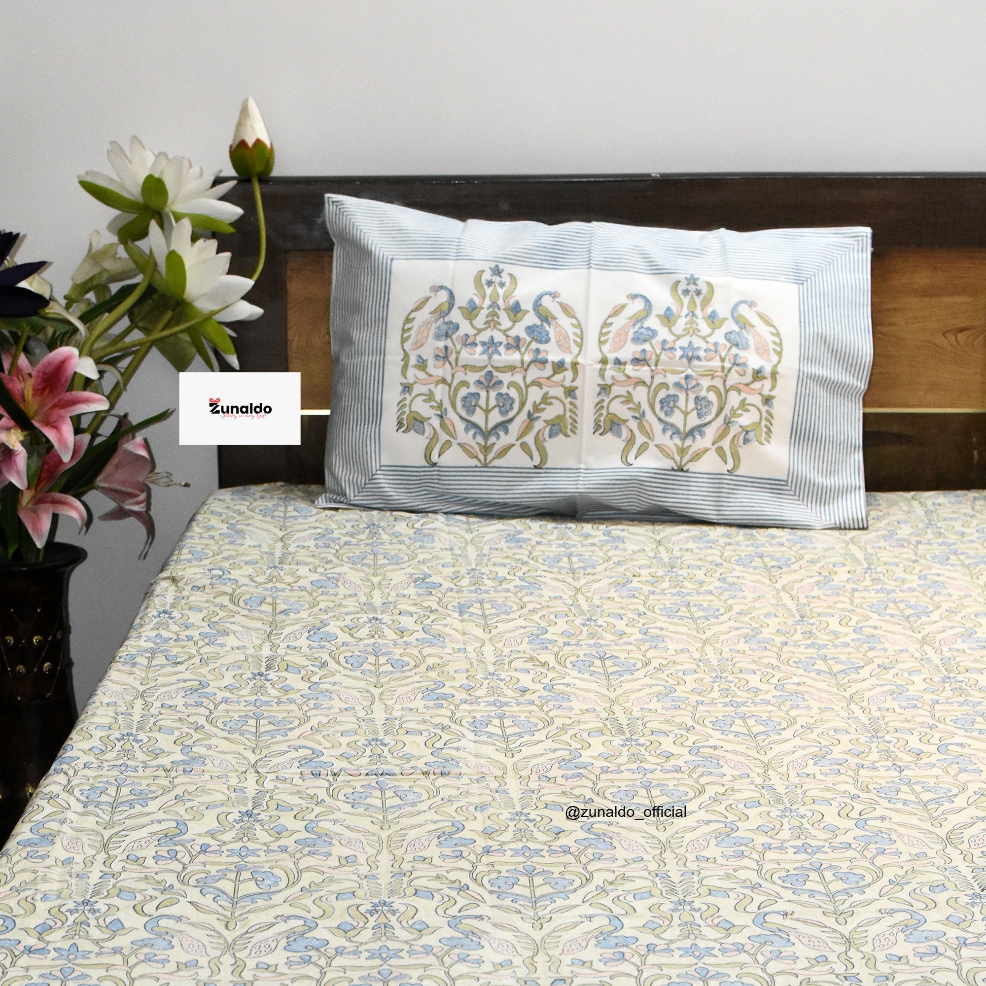 "Peacock Garden Hand Block Printed Bedsheet – Pure Cotton King Size with Pillow Covers"