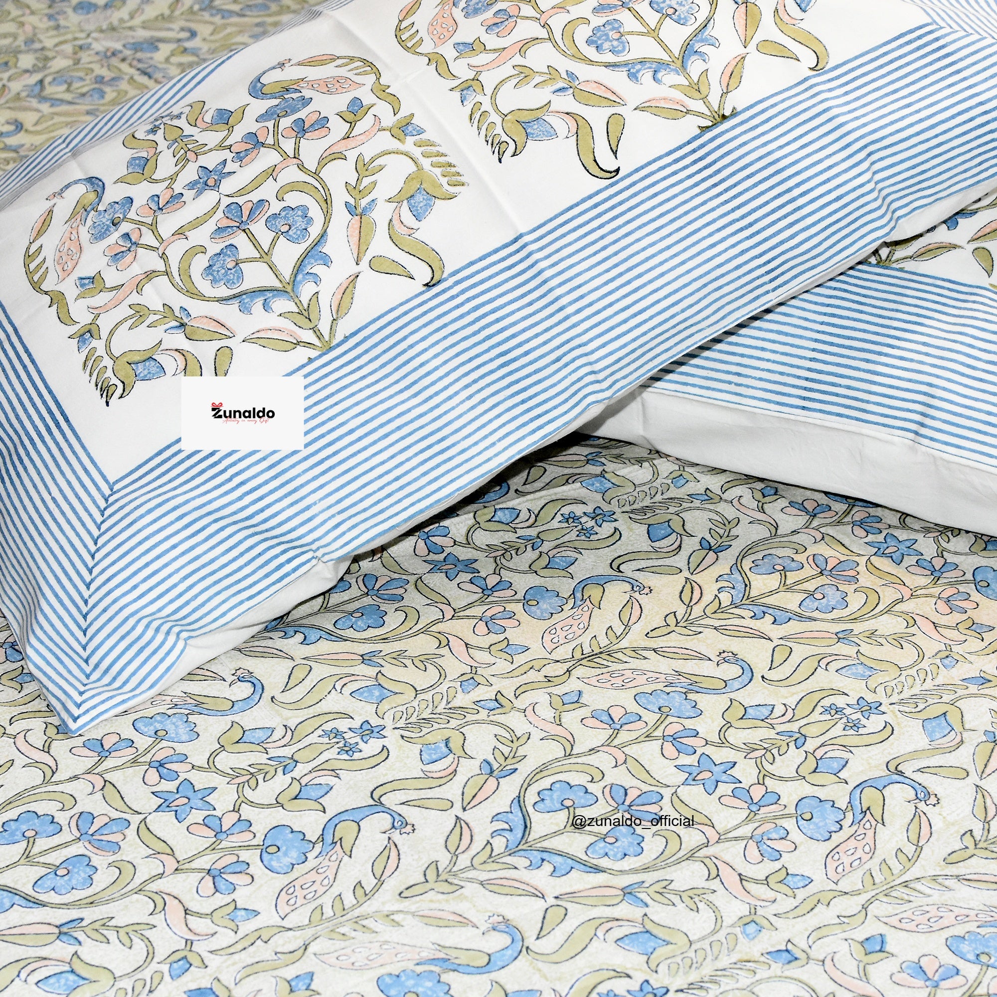 "Peacock Garden Hand Block Printed Bedsheet – Pure Cotton King Size with Pillow Covers"