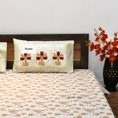 Pure Cotton King Size Bedsheet Set – Orange Floral Block Print with Designer Pillow