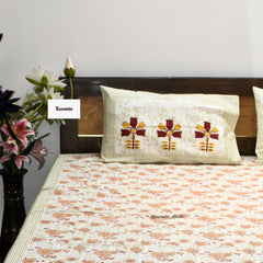 Pure Cotton King Size Bedsheet Set – Orange Floral Block Print with Designer Pillow