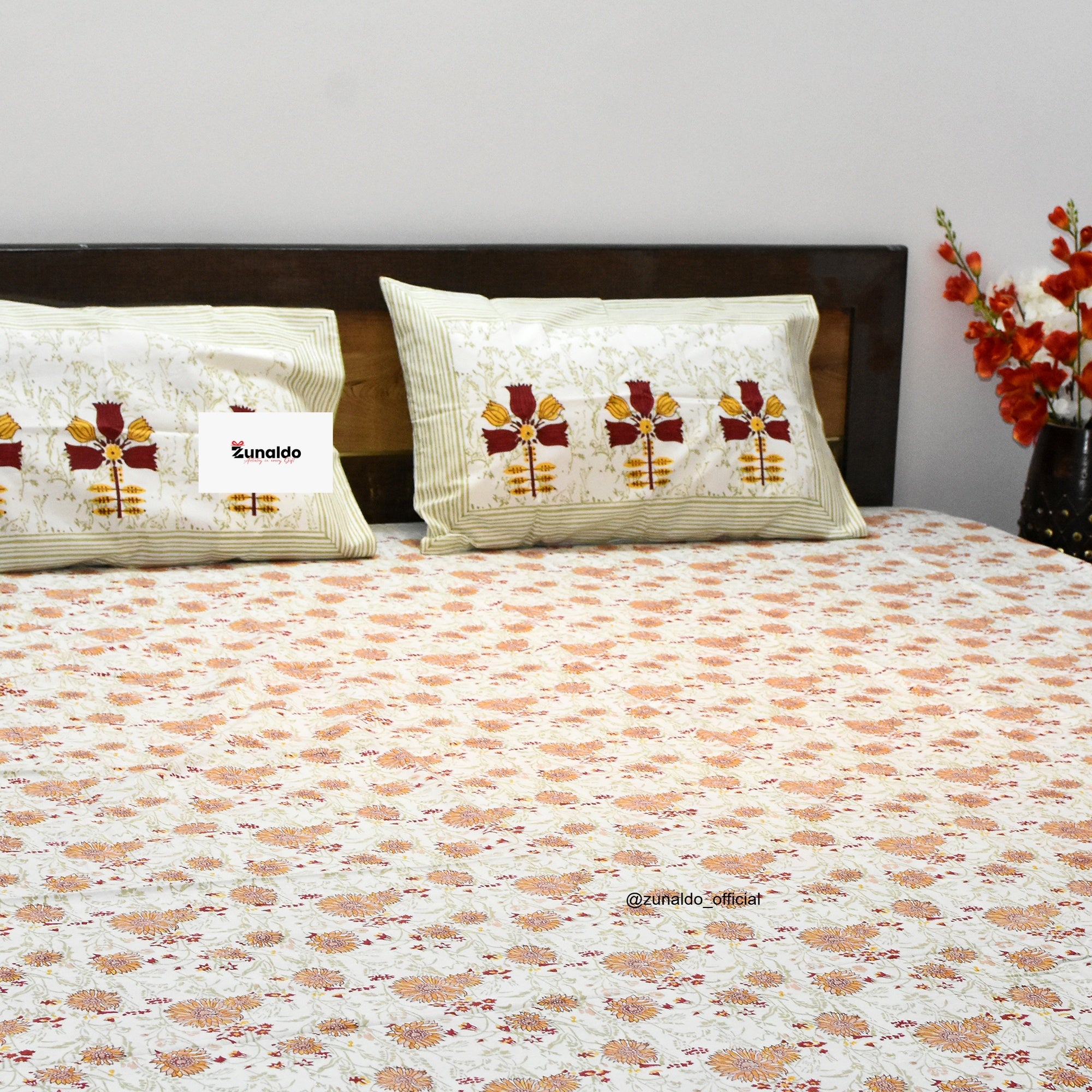 Pure Cotton King Size Bedsheet Set – Orange Floral Block Print with Designer Pillow