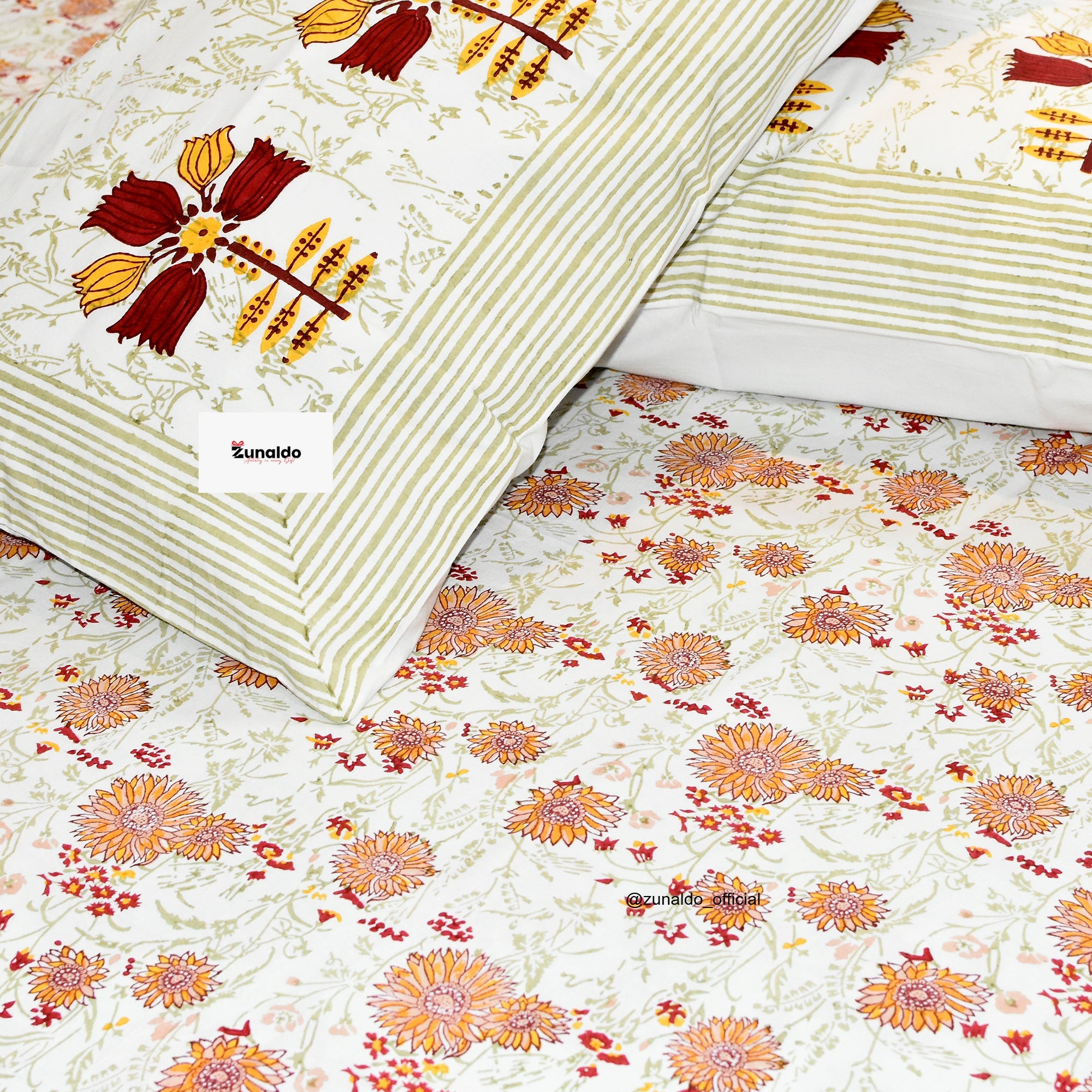 Pure Cotton King Size Bedsheet Set – Orange Floral Block Print with Designer Pillow