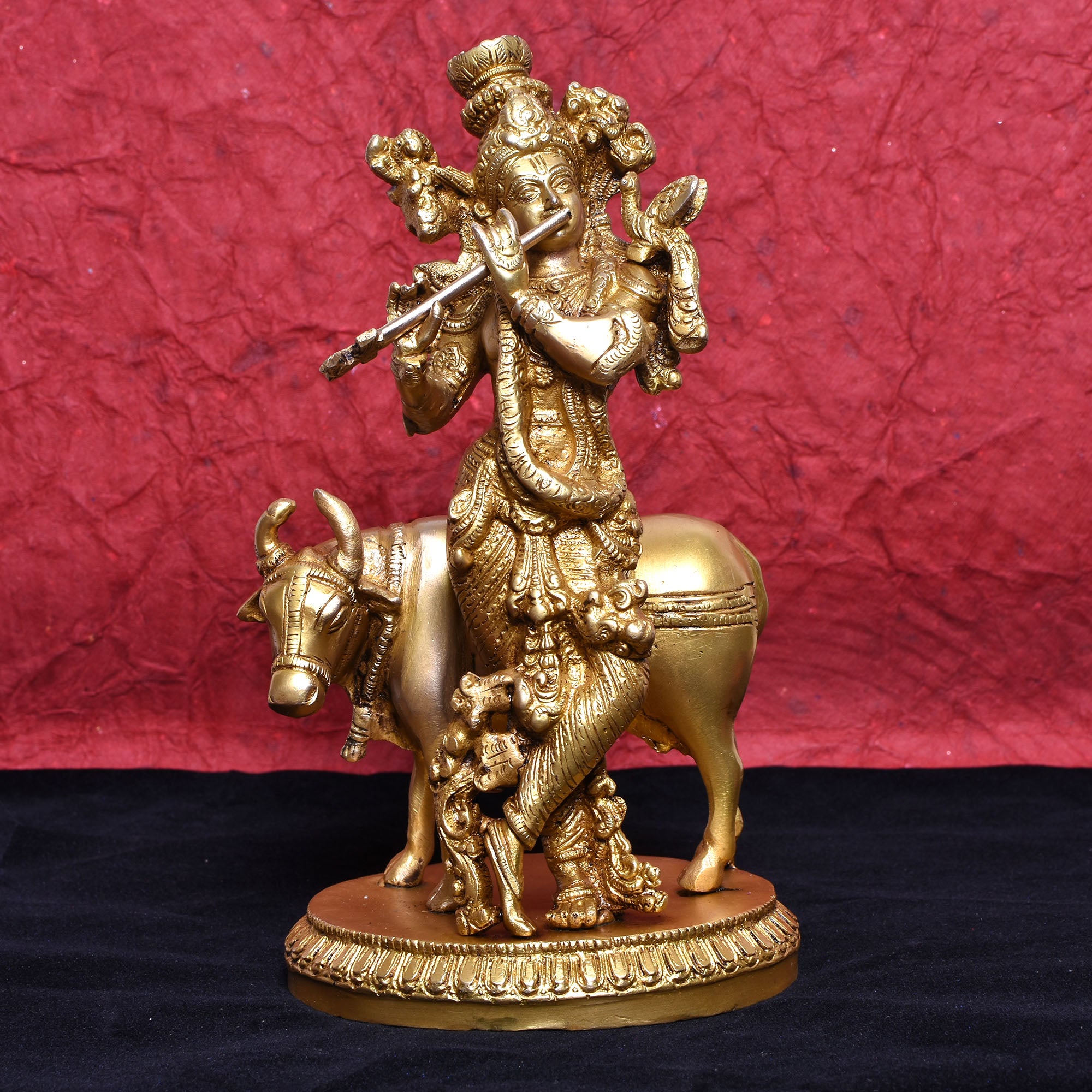 Brass Lord Krishna with Cow – Divine Flute Playing Statue10(inch)