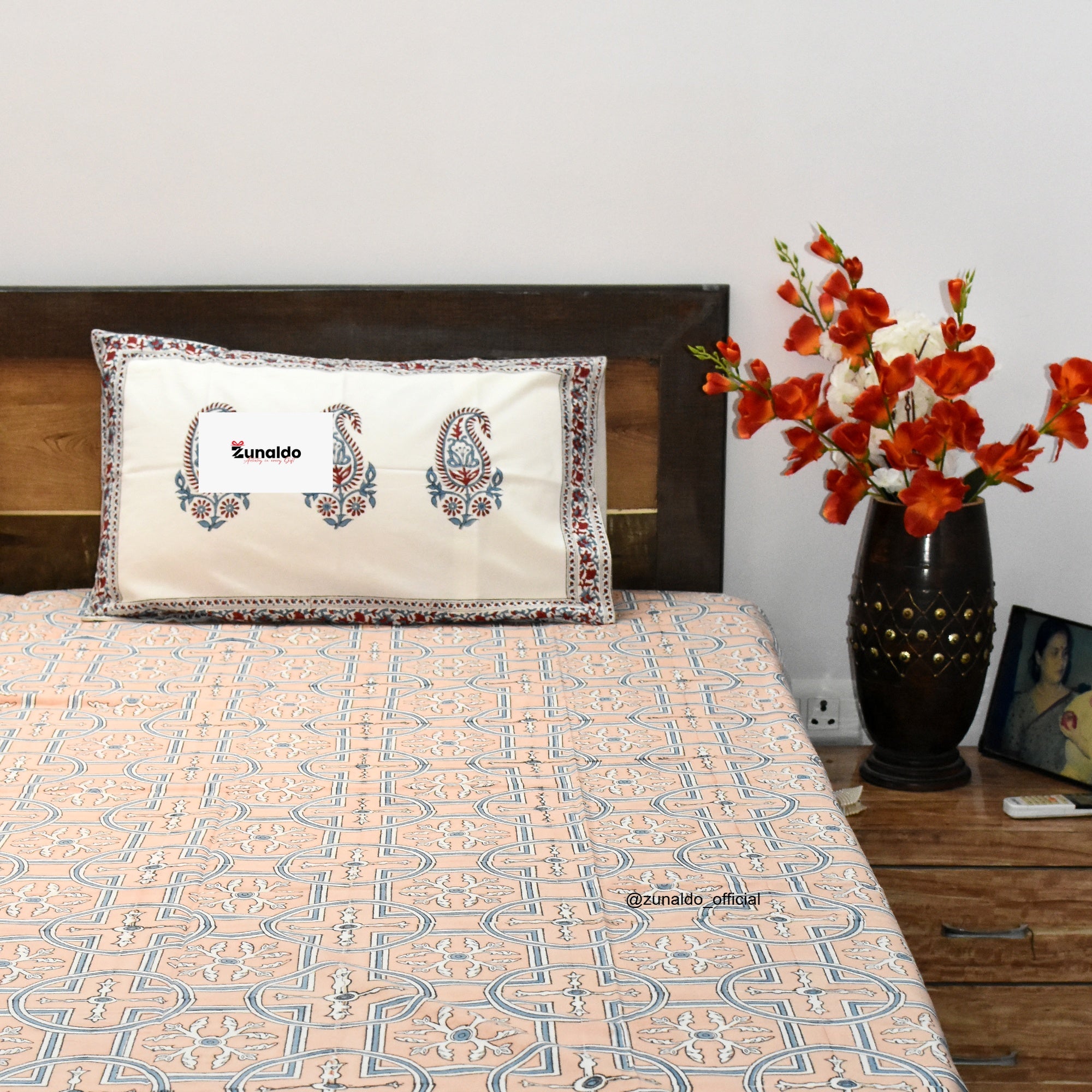 Peach Mughal Paisley Block Print Cotton Bedsheet – King Size with 2 Pillow Covers