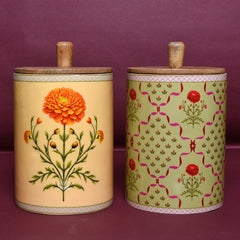 Floral Ceramic Storage Jar with Wooden Lid – Marigold & Botanical Motifs | 4"x5"