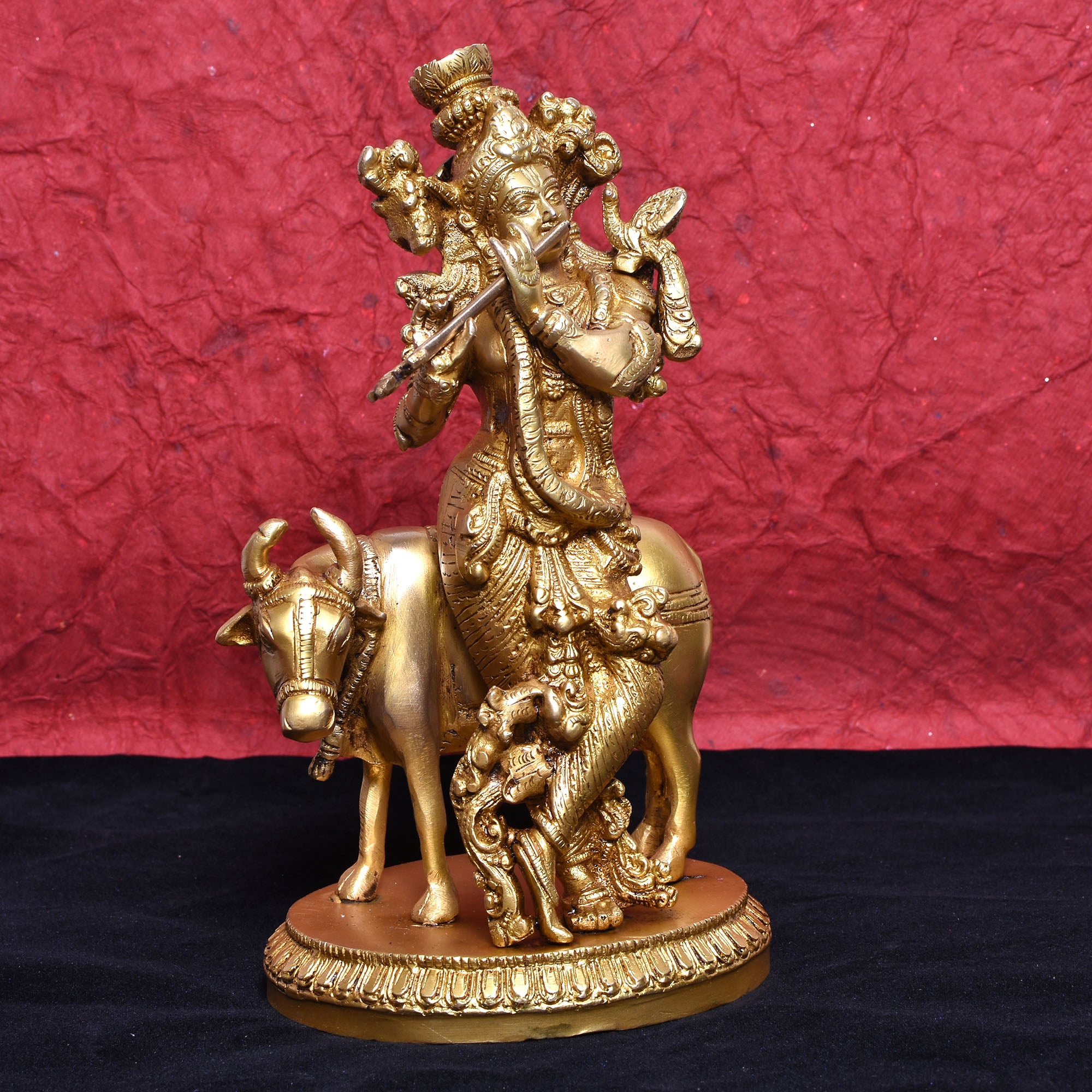Brass Lord Krishna with Cow – Divine Flute Playing Statue10(inch)
