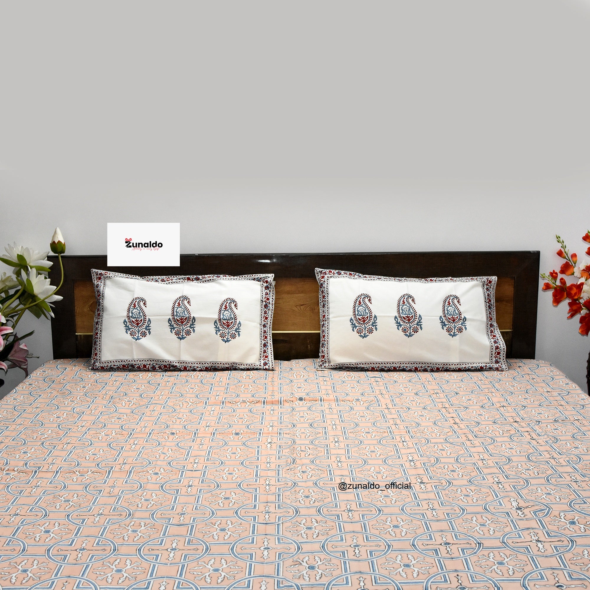 Peach Mughal Paisley Block Print Cotton Bedsheet – King Size with 2 Pillow Covers