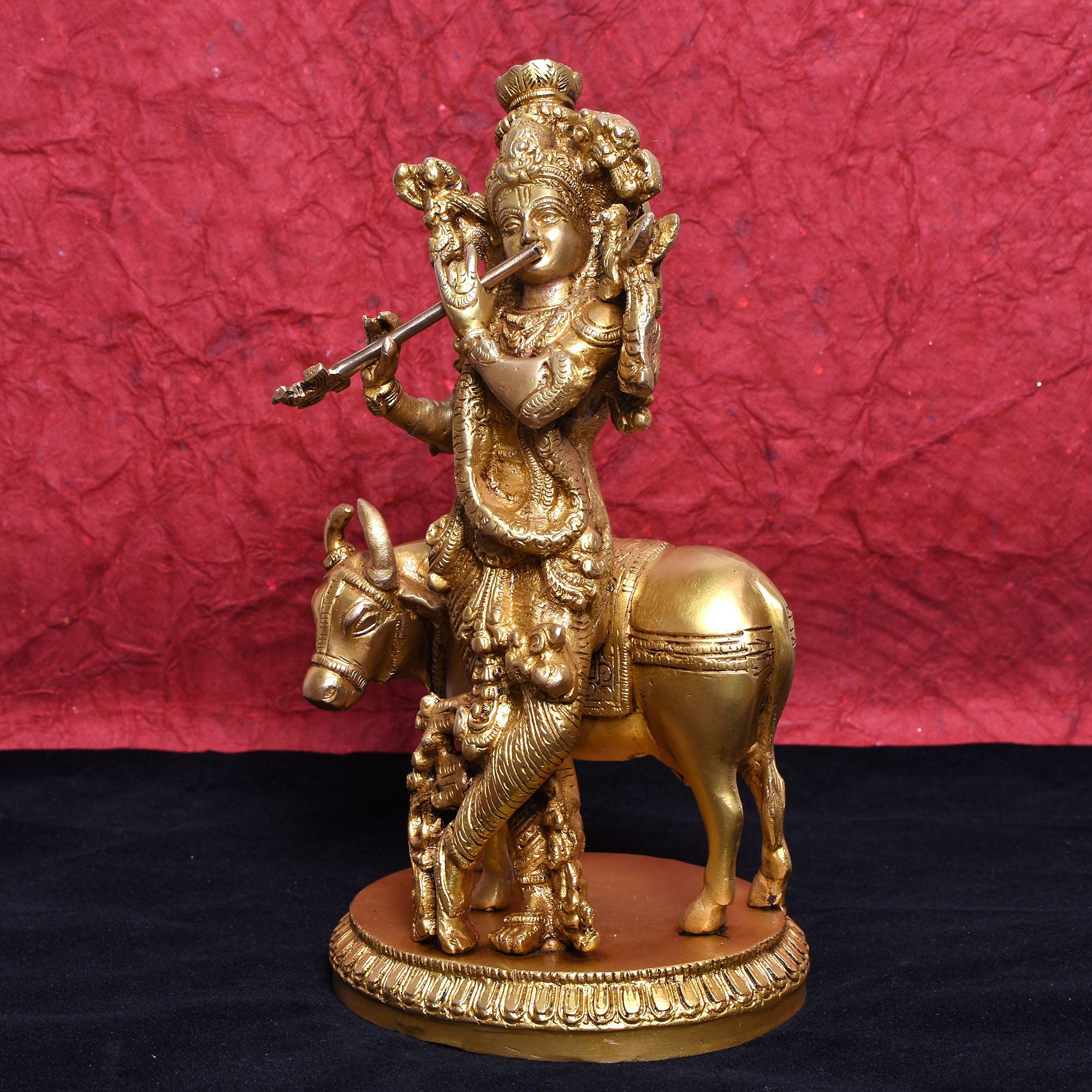 Brass Lord Krishna with Cow – Divine Flute Playing Statue10(inch)