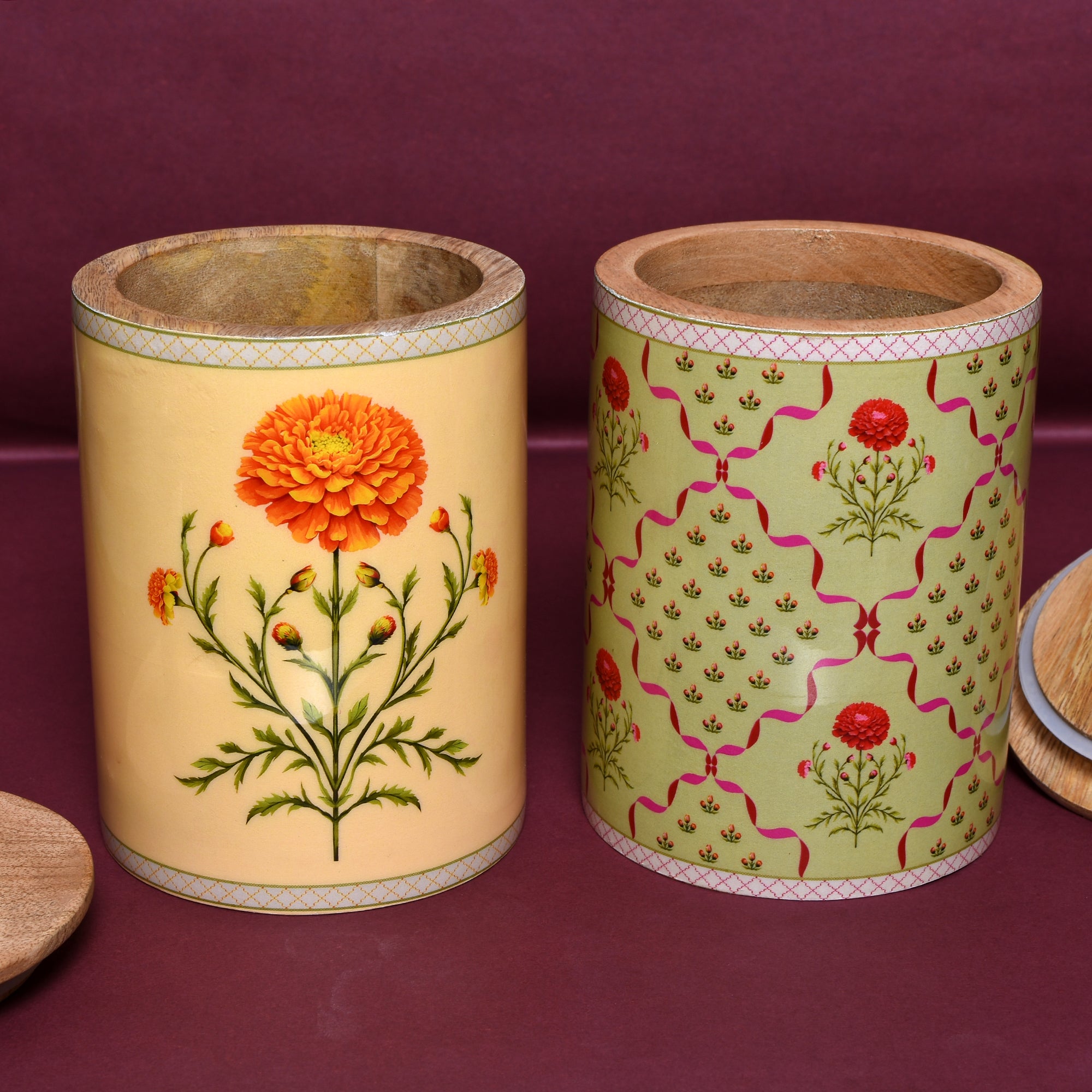 Floral Ceramic Storage Jar with Wooden Lid – Marigold & Botanical Motifs | 4"x5"