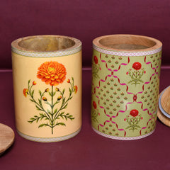 Floral Ceramic Storage Jar with Wooden Lid – Marigold & Botanical Motifs | 4"x5"
