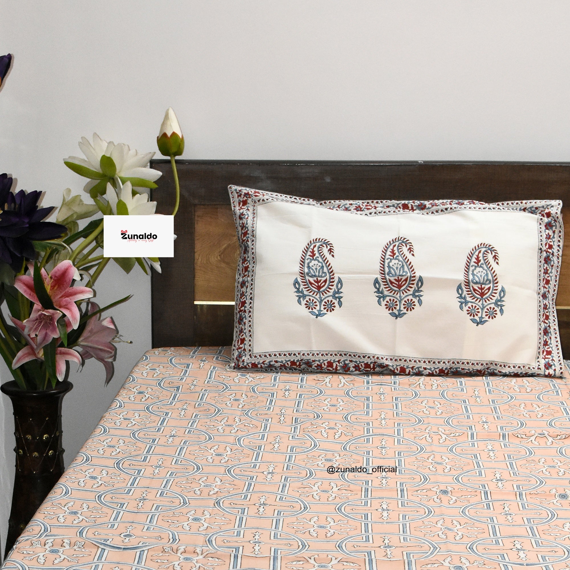 Peach Mughal Paisley Block Print Cotton Bedsheet – King Size with 2 Pillow Covers