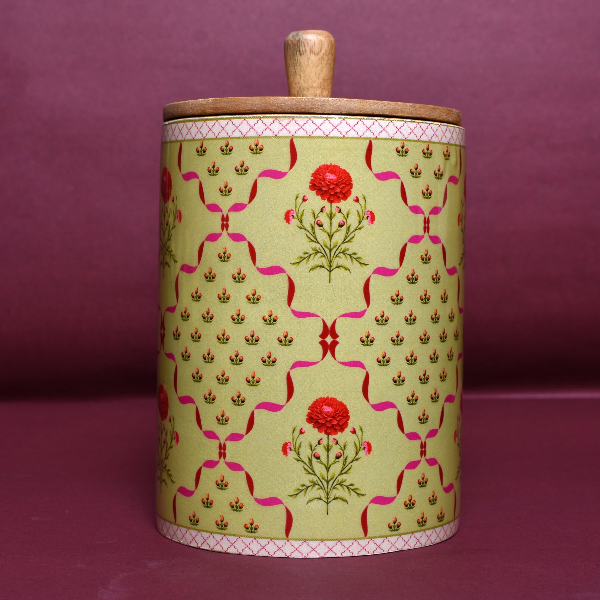 Floral Ceramic Storage Jar with Wooden Lid – Marigold & Botanical Motifs | 4"x5"