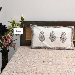 Peach Mughal Paisley Block Print Cotton Bedsheet – King Size with 2 Pillow Covers