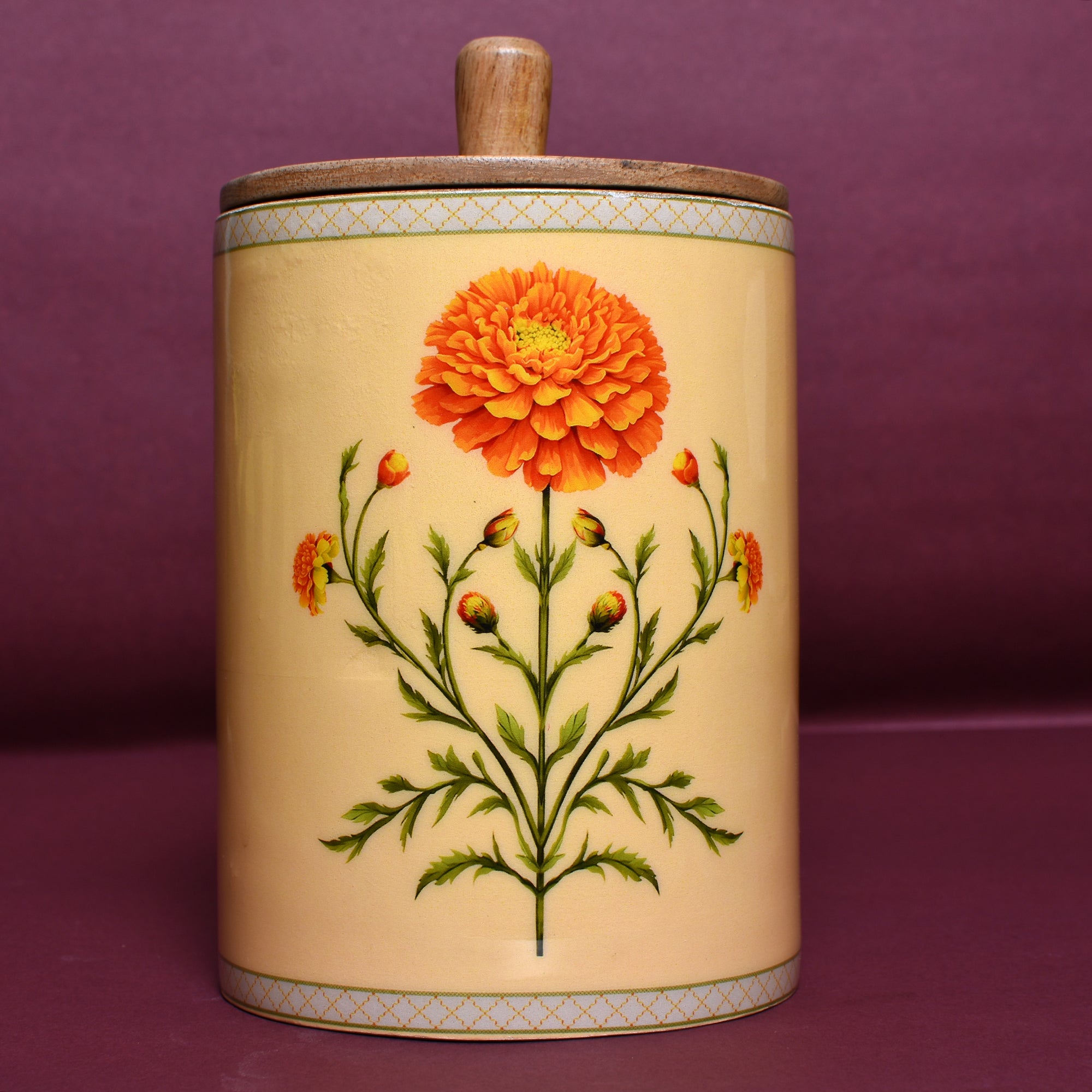 Floral Ceramic Storage Jar with Wooden Lid – Marigold & Botanical Motifs | 4"x5"