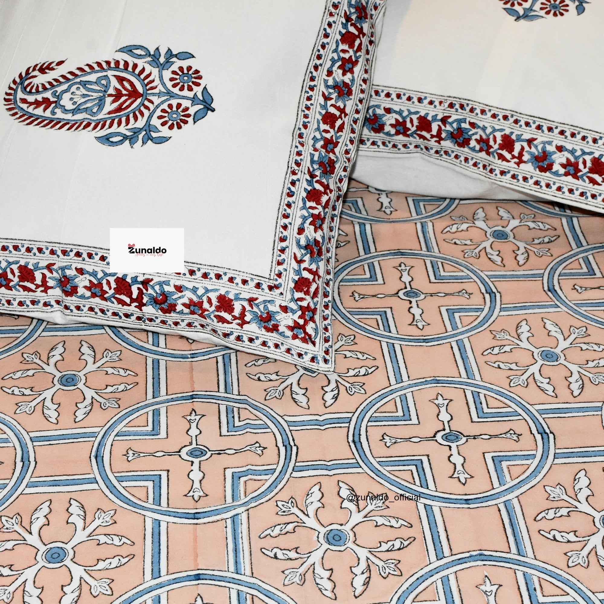 Peach Mughal Paisley Block Print Cotton Bedsheet – King Size with 2 Pillow Covers