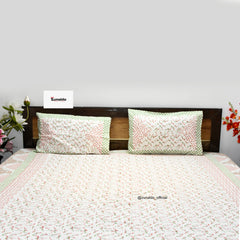 Green & Peach Floral Block Printed Pure Cotton Bedsheet – King Size (90X108 In)