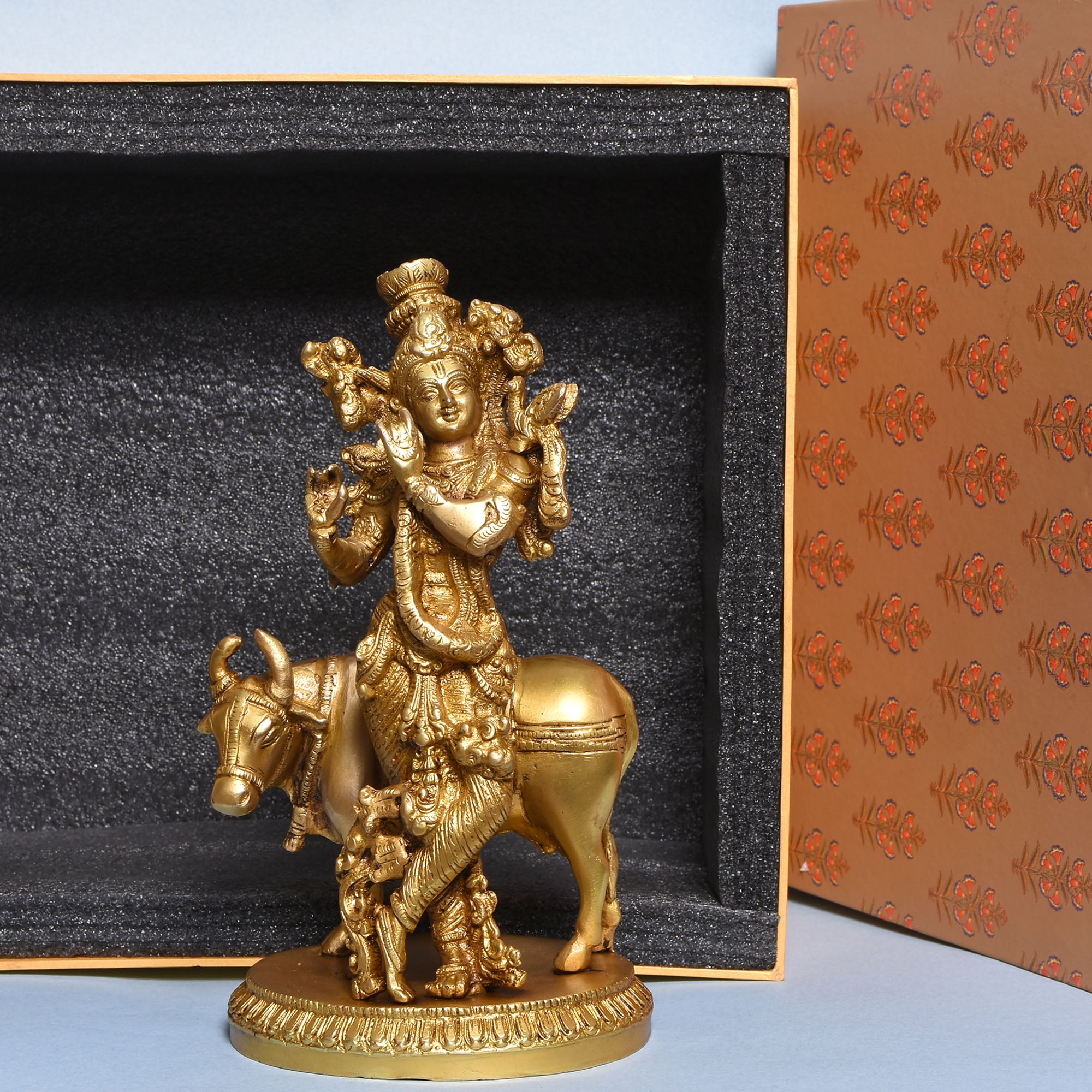 Brass Lord Krishna with Cow – Divine Flute Playing Statue10(inch)
