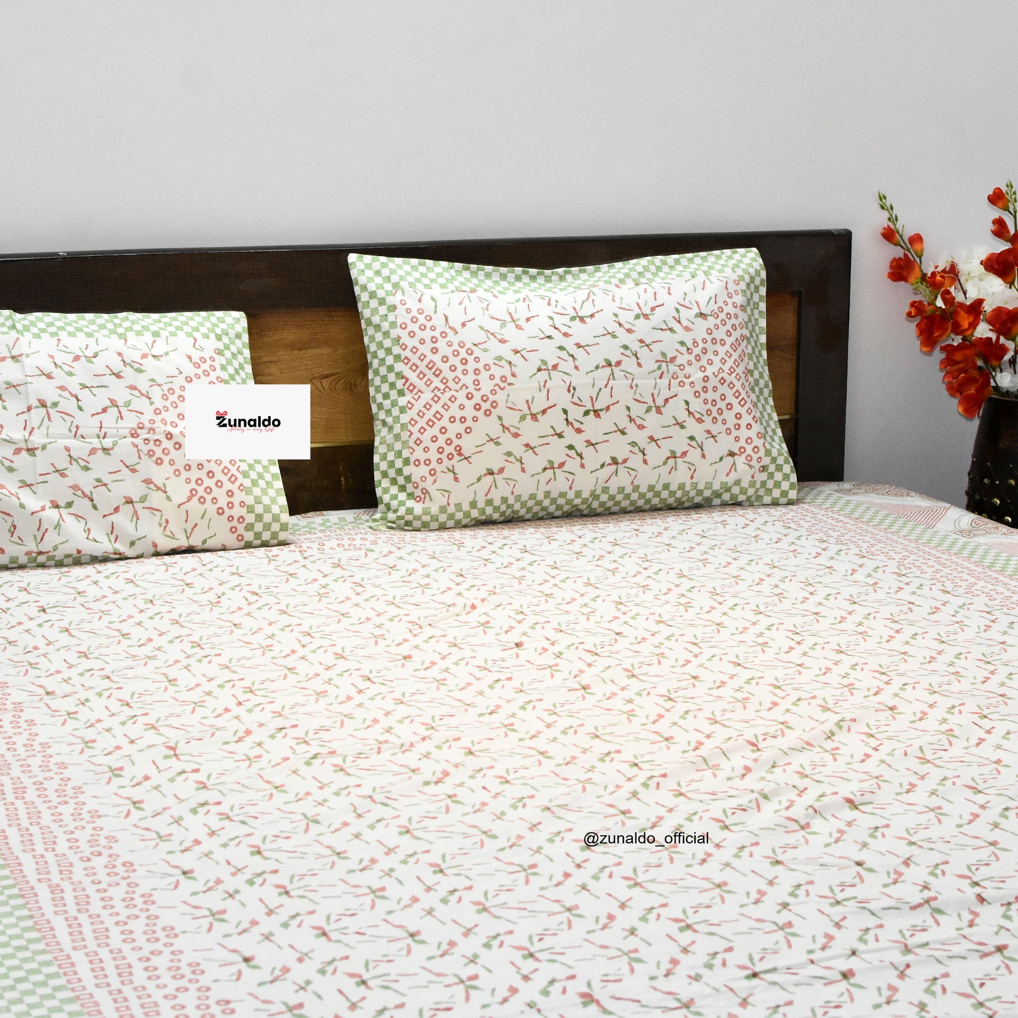 Green & Peach Floral Block Printed Pure Cotton Bedsheet – King Size (90X108 In)