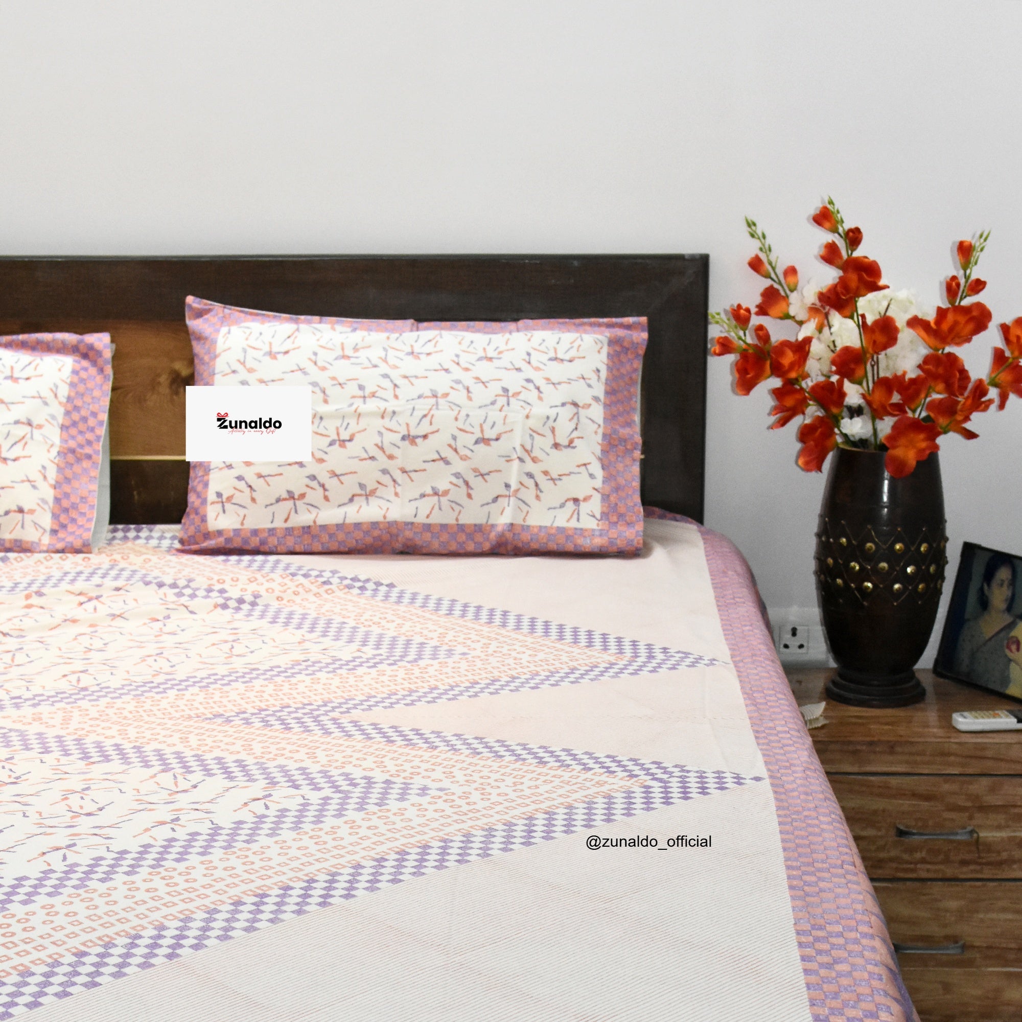 Hand Block Printed Cotton Bedsheet – Peach & Lavender Geometric Pattern | 90 X 108 In