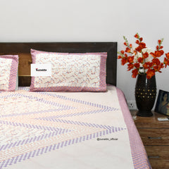 Hand Block Printed Cotton Bedsheet – Peach & Lavender Geometric Pattern | 90 X 108 In