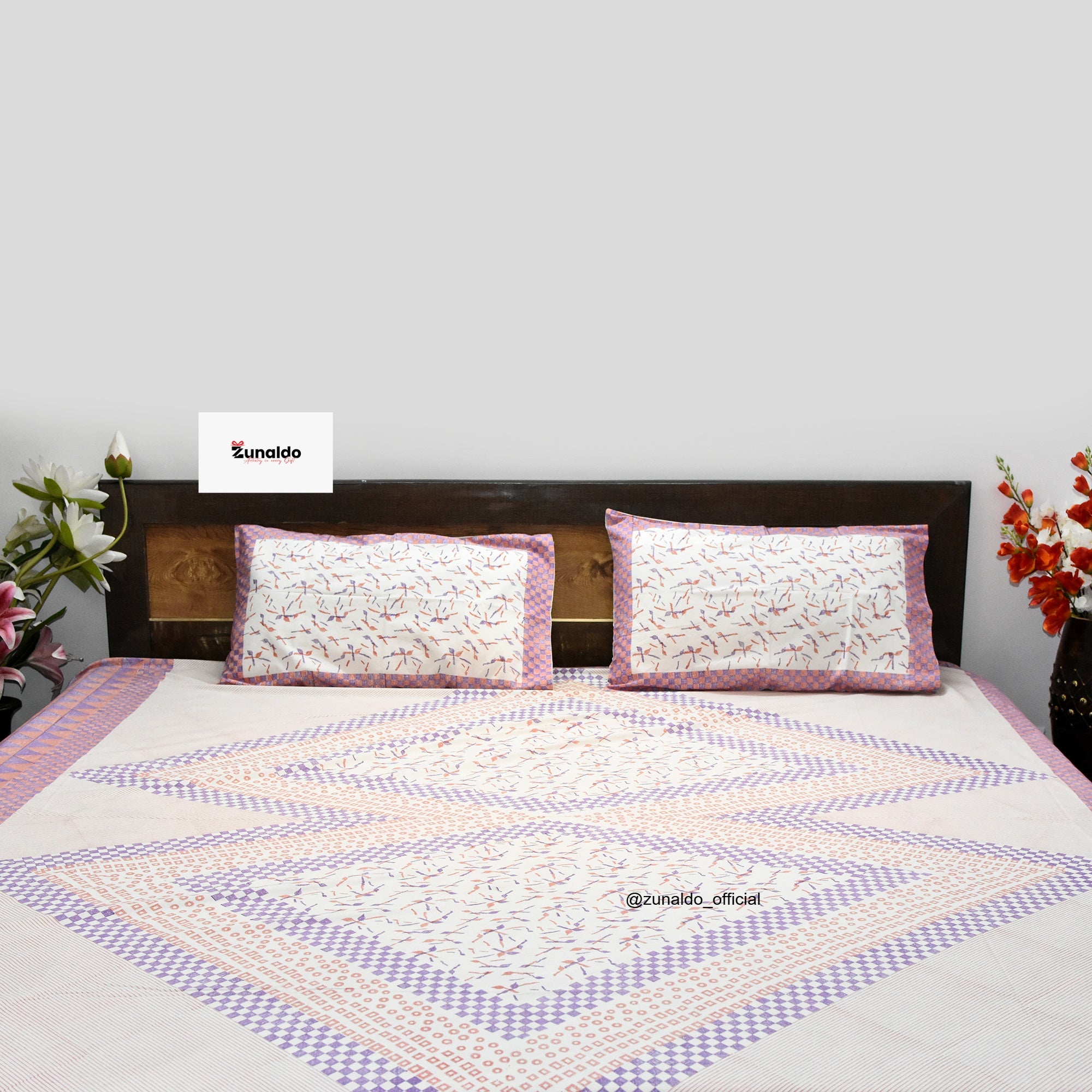 Hand Block Printed Cotton Bedsheet – Peach & Lavender Geometric Pattern | 90 X 108 In