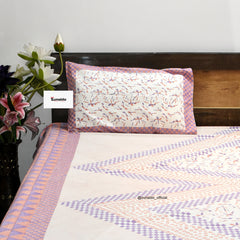 Hand Block Printed Cotton Bedsheet – Peach & Lavender Geometric Pattern | 90 X 108 In
