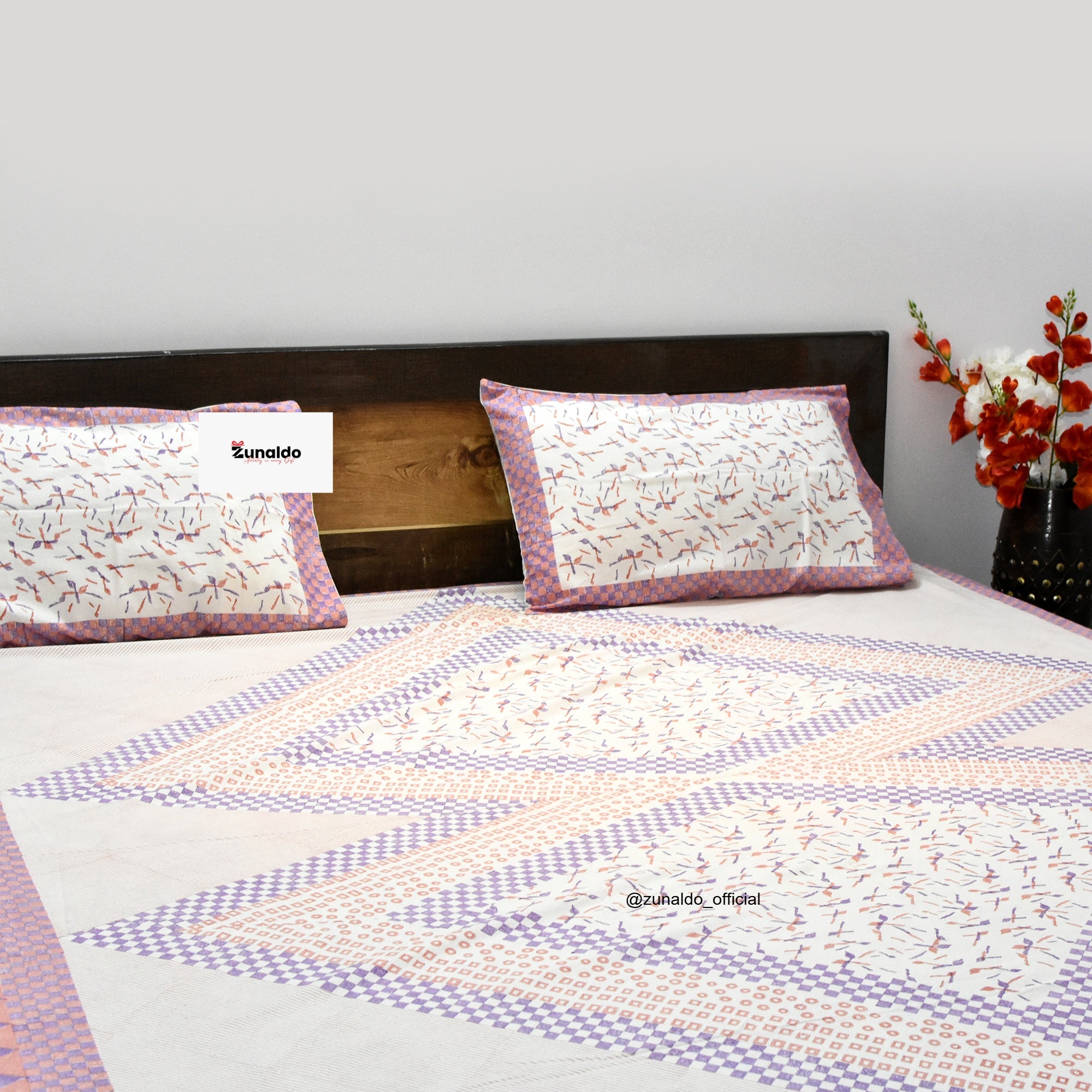 Hand Block Printed Cotton Bedsheet – Peach & Lavender Geometric Pattern | 90 X 108 In