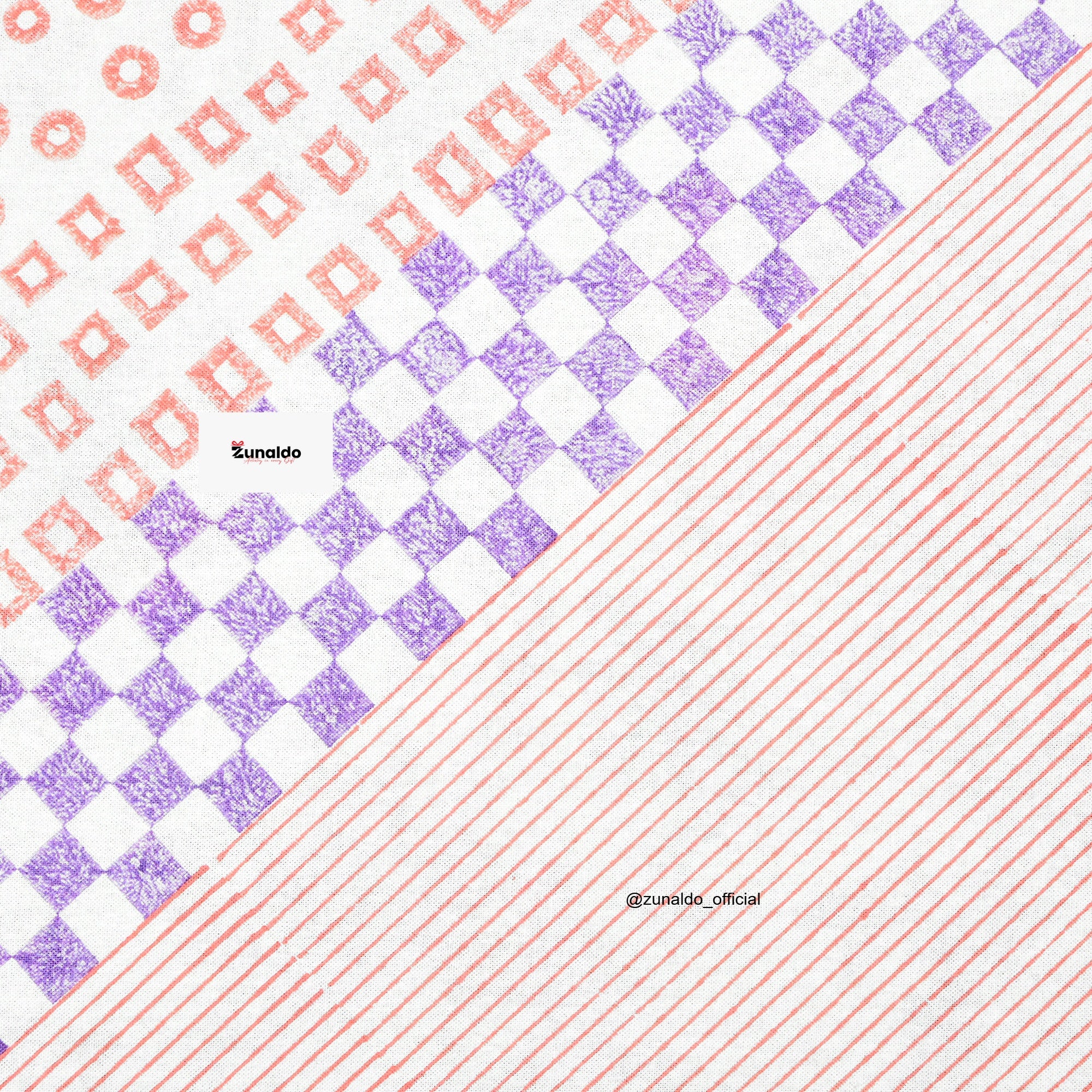 Hand Block Printed Cotton Bedsheet – Peach & Lavender Geometric Pattern | 90 X 108 In