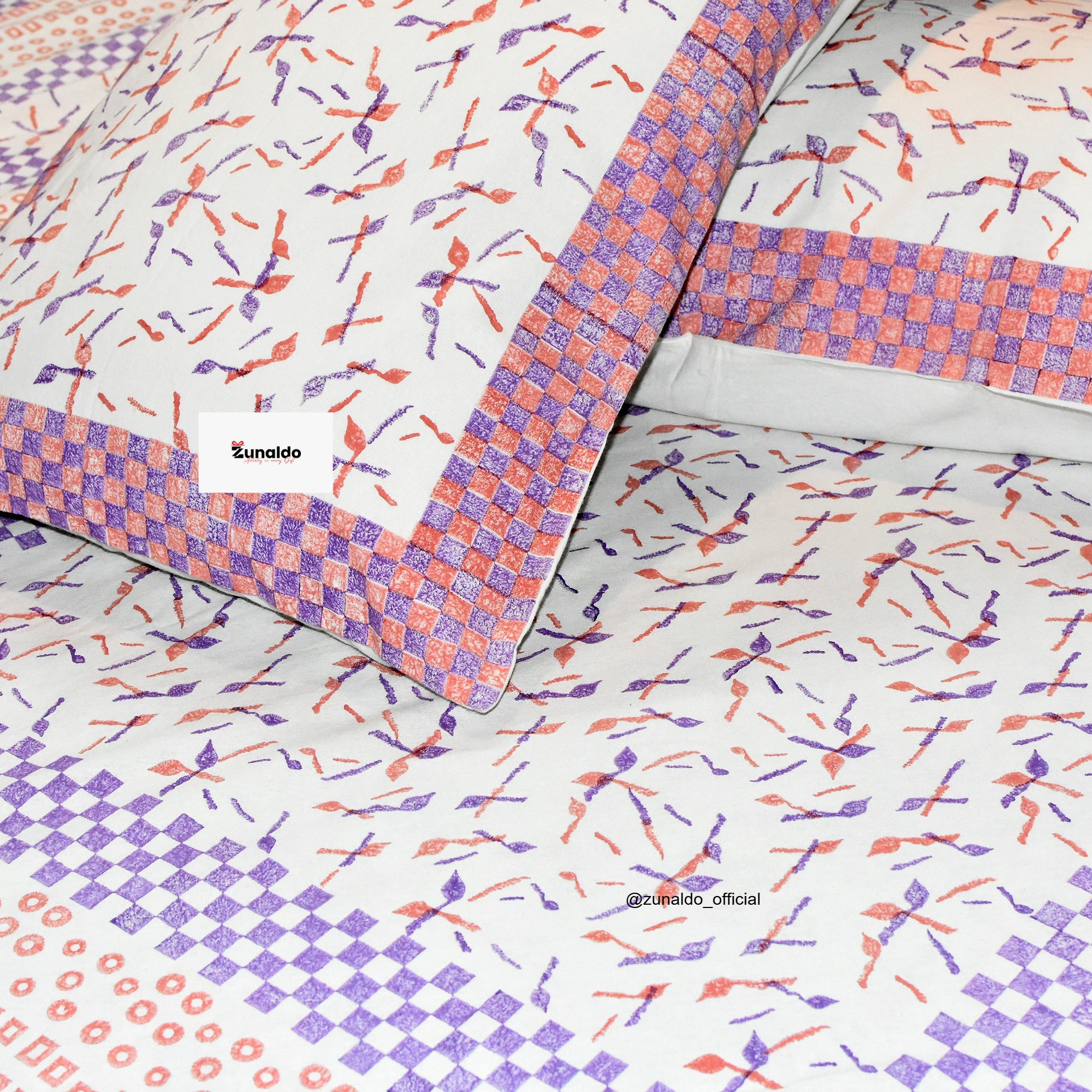 Hand Block Printed Cotton Bedsheet – Peach & Lavender Geometric Pattern | 90 X 108 In