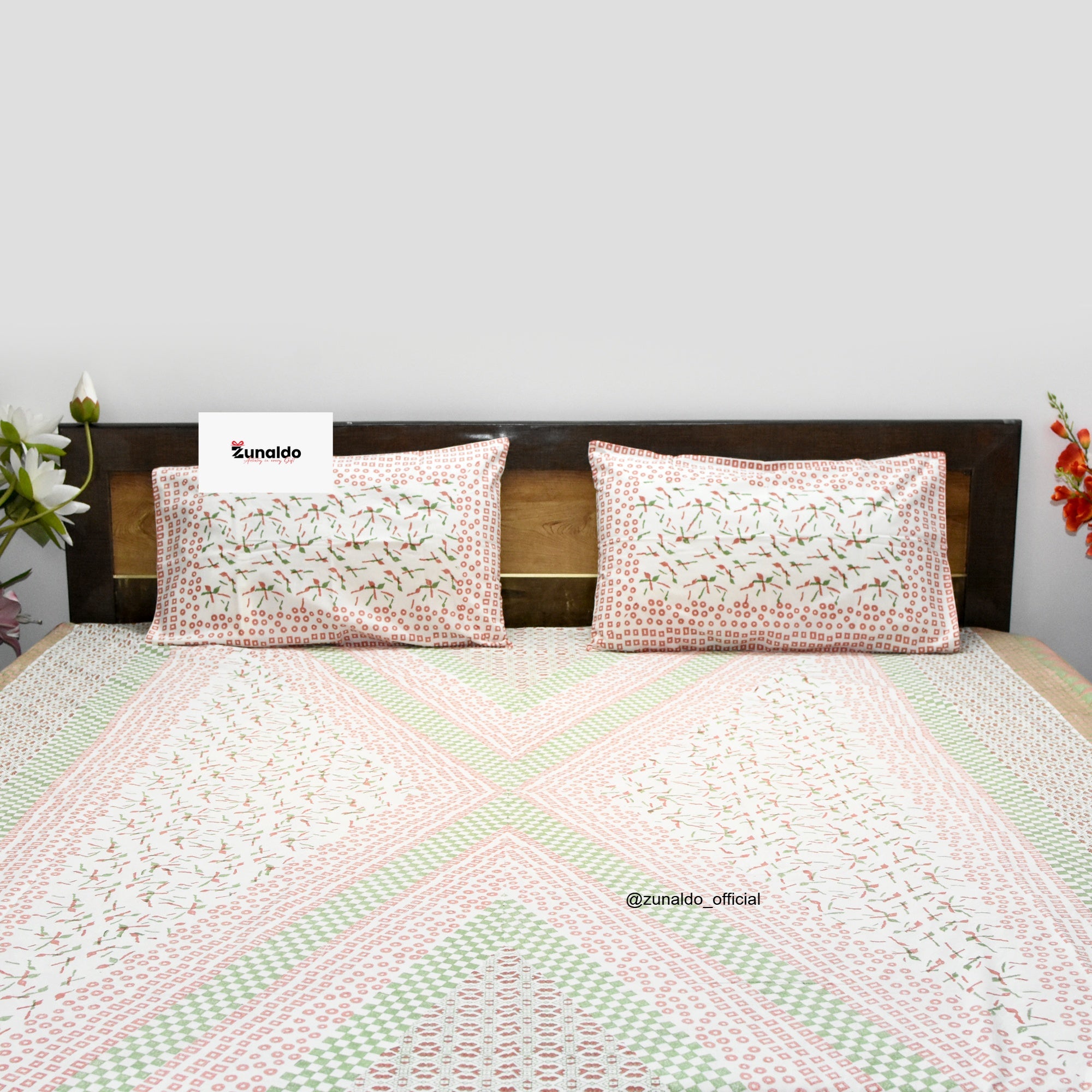 Peach & Green Geometric Floral Block Printed Cotton Bedsheet – King Size | Zunaldo