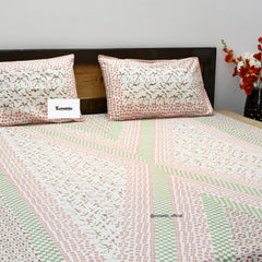 Peach & Green Geometric Floral Block Printed Cotton Bedsheet – King Size | Zunaldo