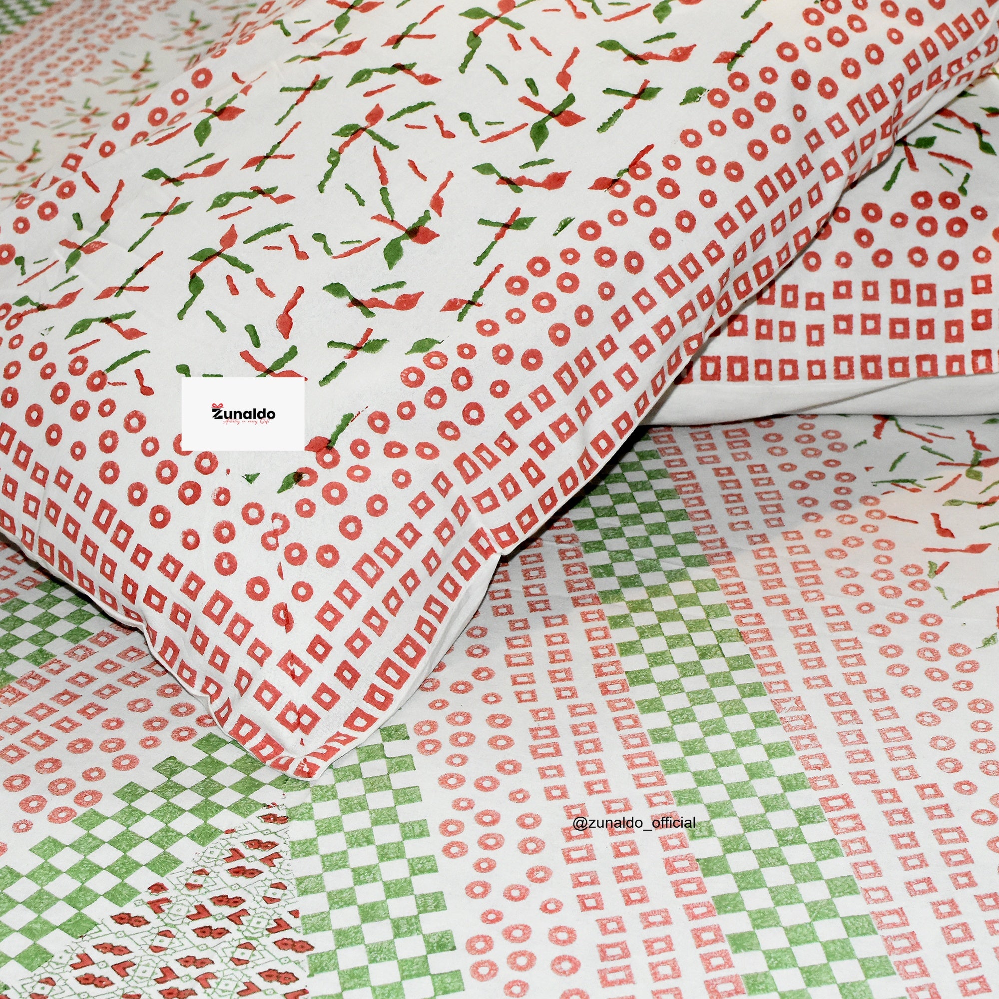 Peach & Green Geometric Floral Block Printed Cotton Bedsheet – King Size | Zunaldo