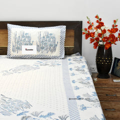 Pure Cotton King Size Bedsheet Set – Blue & White Floral Elegance with Pillow Covers