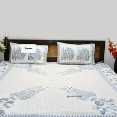 Pure Cotton King Size Bedsheet Set – Blue & White Floral Elegance with Pillow Covers